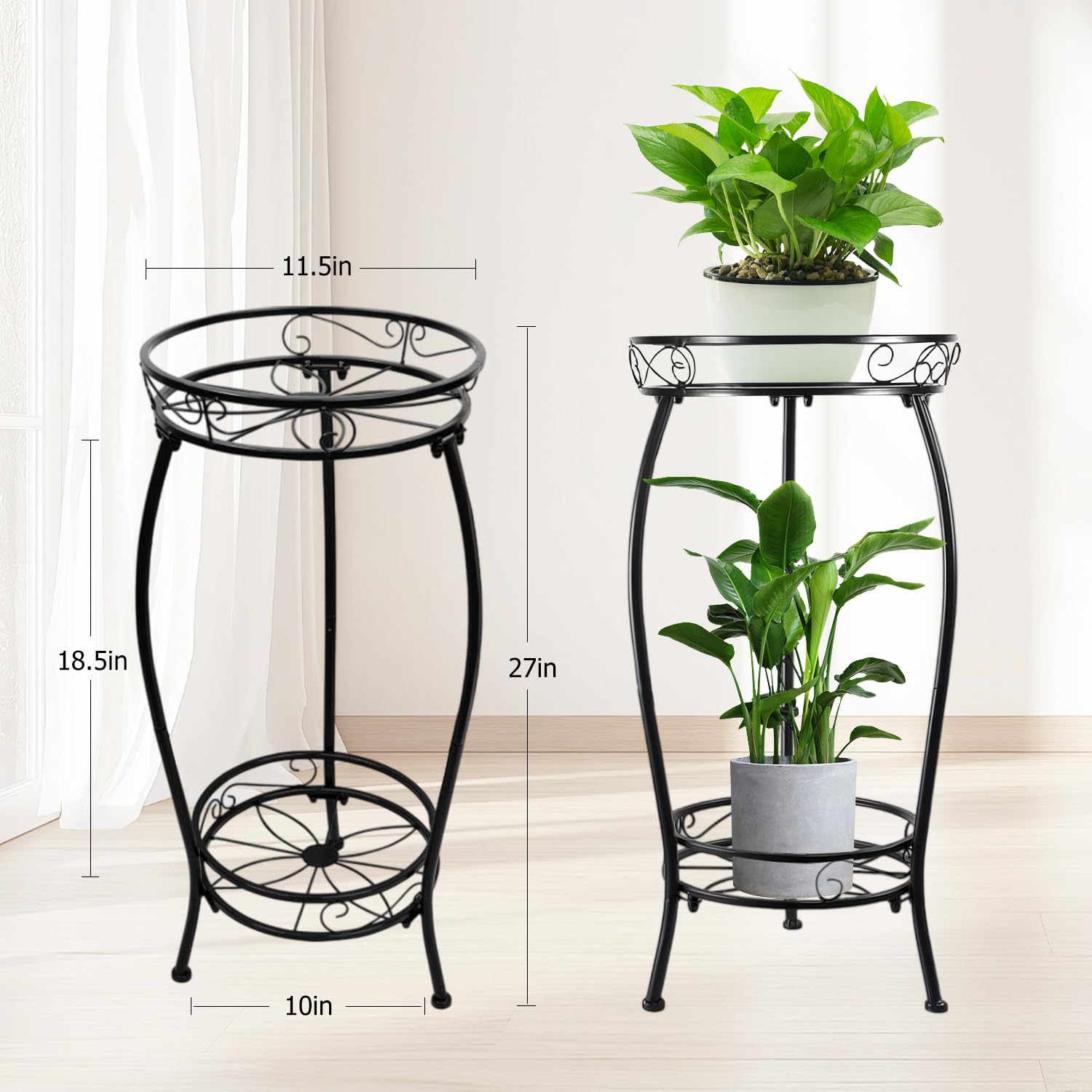 ILIYAH Metal Plant Stand Indoor - 2-Tier Metal Round Shelf Plants Stand, Space-Saving 27″ Indoor Plant Stand for Home Décor (Black)