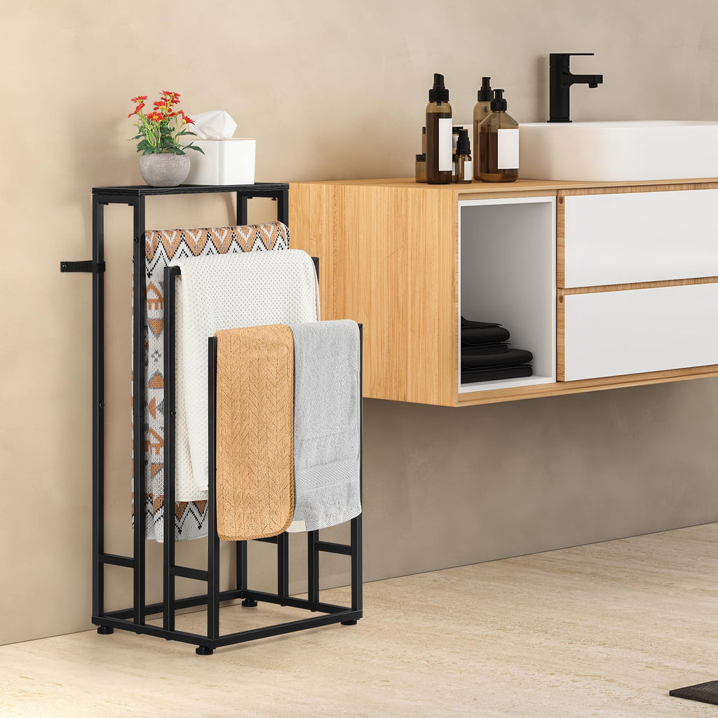 Freestanding Towel Rack 3 Tier Towel Drying Rack for Bathroom Standing Hand Towel Holder Black Towel Rack Stand with Storage Shelf for College Dorm Pool Side (Black)