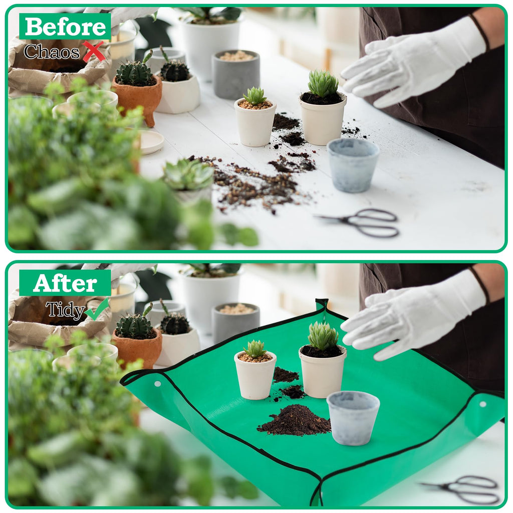 Lucomb 2Pcs Repotting Mat Set, 39''Large & 26''Small Foldable Waterproof Plant Gardening Mats with Accessories, Portable Potting Tray for House Plants Succulents