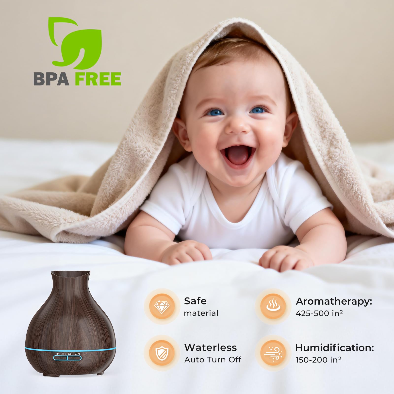 BZseed Aromatherapy Essential Oil Humidifier 550ml 12 Hours High Output for Large Room, Home, Waterless Auto-Off, 7 Color LED Lights Wood Grain Ultrasonic Cool Mist Diffusers,