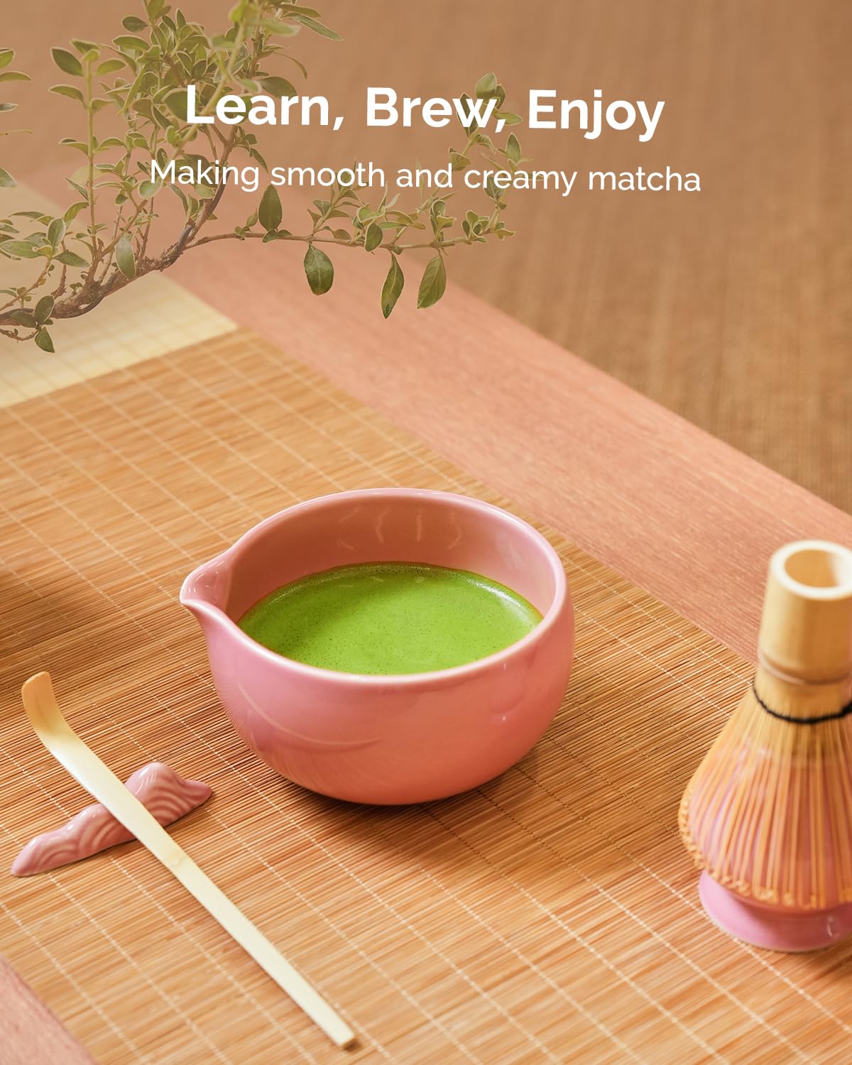 Maestri House Matcha Whisk Set, 7 Pcs Ceramic Matcha Kit with Spouted Bowl, Matcha Whisk & Holder, Bamboo Scoop, Scoop Rest, Sifter & Cloth – Complete Matcha Gift Set for Beginners & Tea Lovers（Pink）