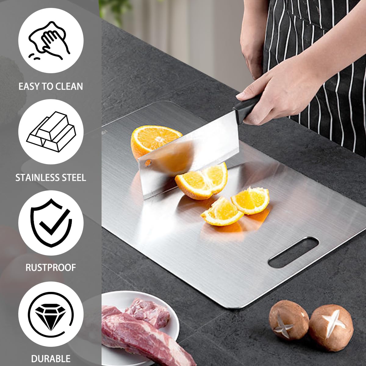 304 Stainless Steel Cutting Board, Double-Sided Stainless Steel Chopping Board for Kitchen Dishwasher Safe Ideal Food Grade Cutting Boards for Cutting Meats Fruit & Vegetable(13.3 * 9.1 in)