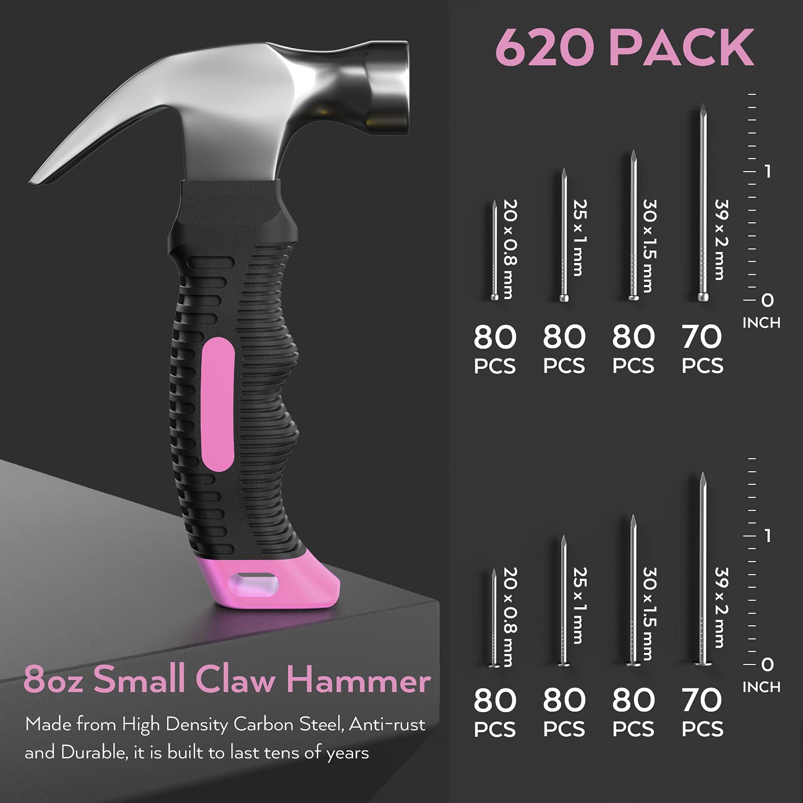 INCLY 620 PCS Small Nails for Hanging Pictures Assortment Kit with 8oz Pink Small Hammer, Mini Hammer Set with Hardware Nails Assorted Set 310 Wall Nail & 310 Finish Nail for Installing with Case