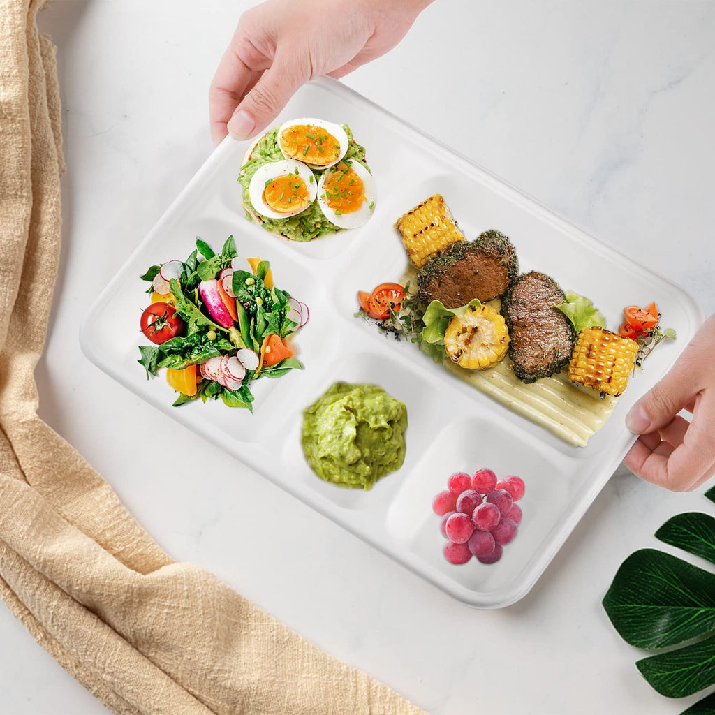 Hacaroa 50 Pack 5-Compartment Compostable Paper Plates, Natural Disposable Bagasse School Lunch Trays, Deep Divided Plates for Party, Picnic, Biodegradable, White