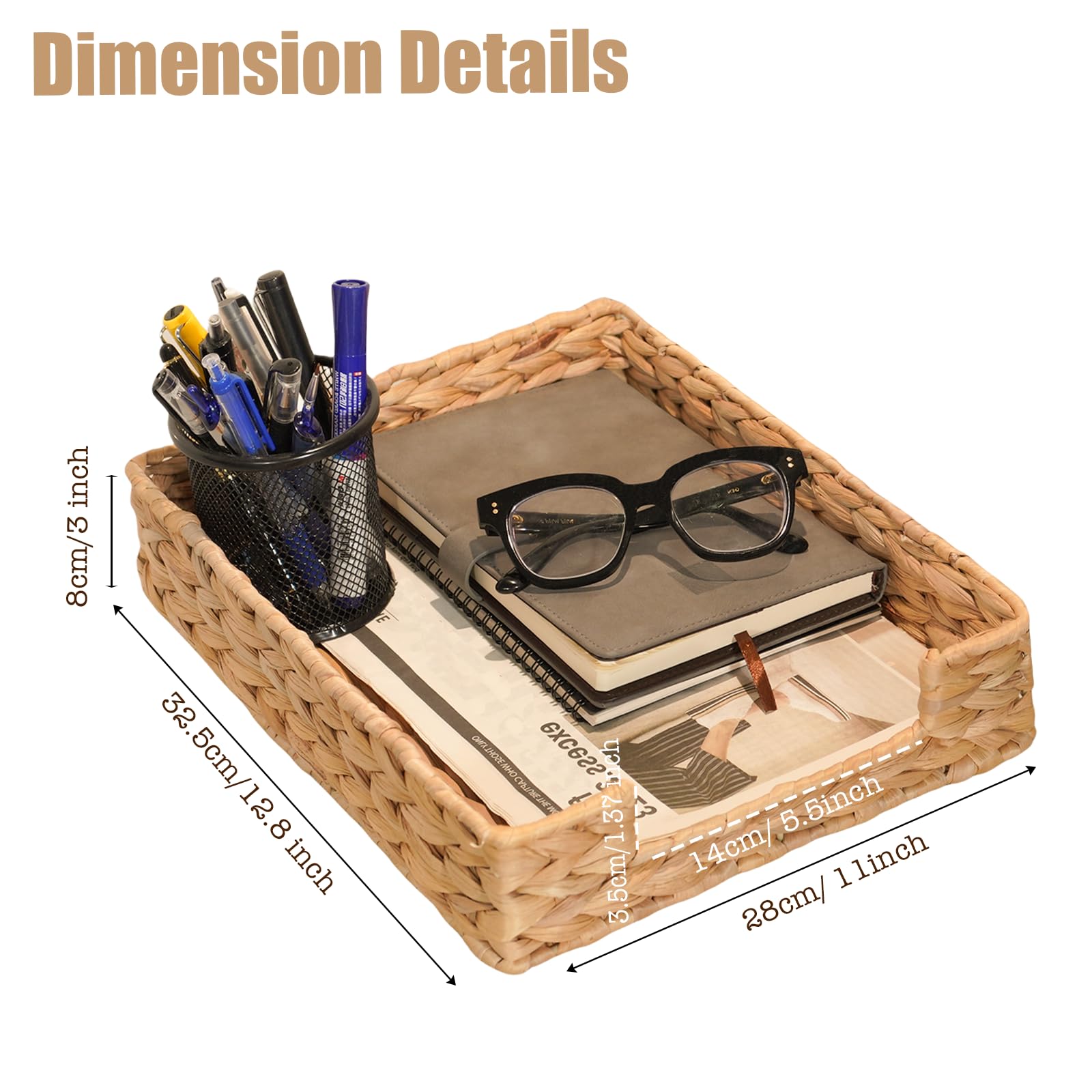 PINXIURY Water Hyacinth Letter Tray for A4 File Desk Mail Letter-Size Paper, Basket Woven Organizer, Magazine Files Storage, Office Document Organizer and Storage