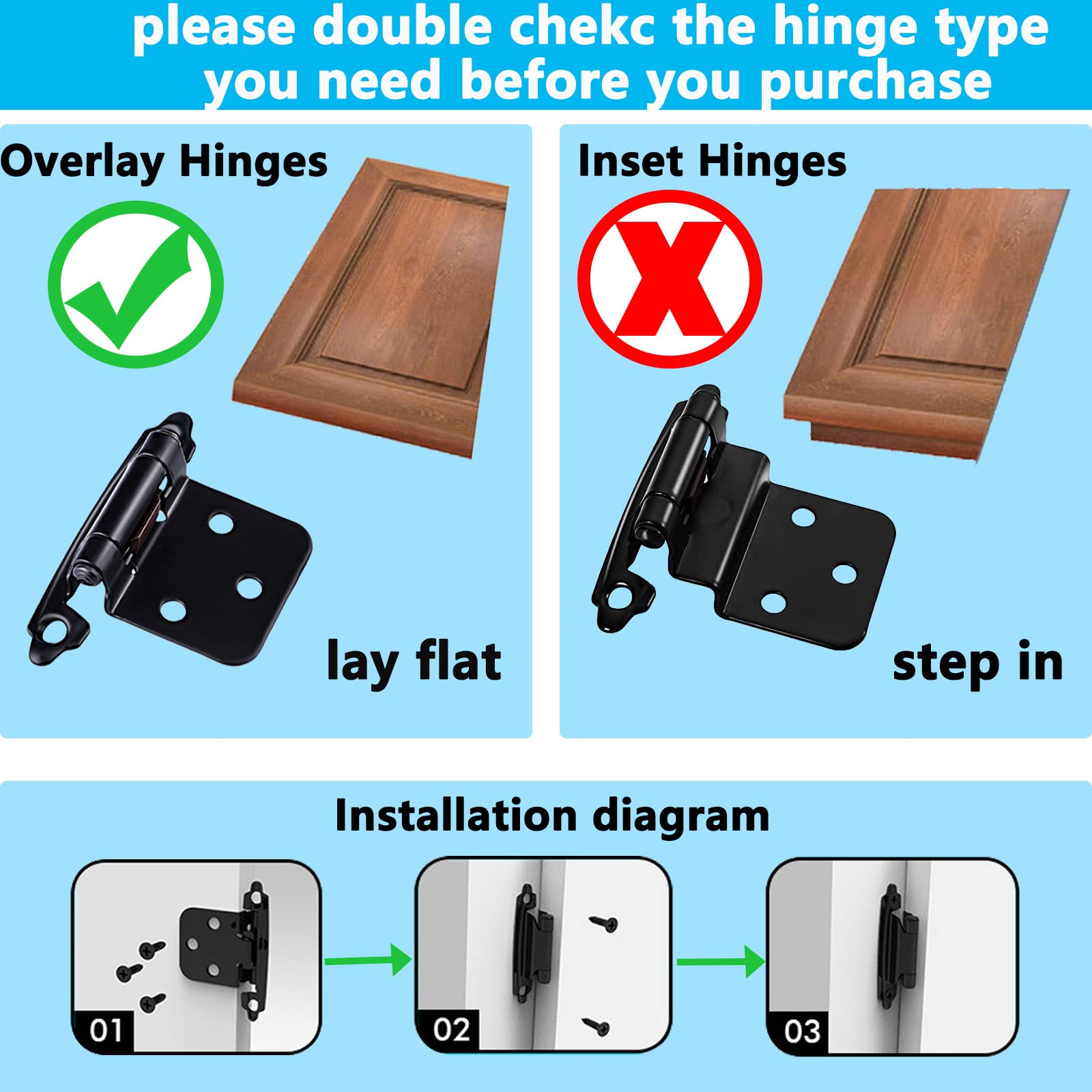 16 Pack Cabinet Hinges for Kitchen Cabinets,1/2" Overlay Cabinet Hinge Self Closing Kitchen Cabinet Door Hinges Black Kitchen Cabinet Door Hinges with Upgraded Screws(8 Pairs)
