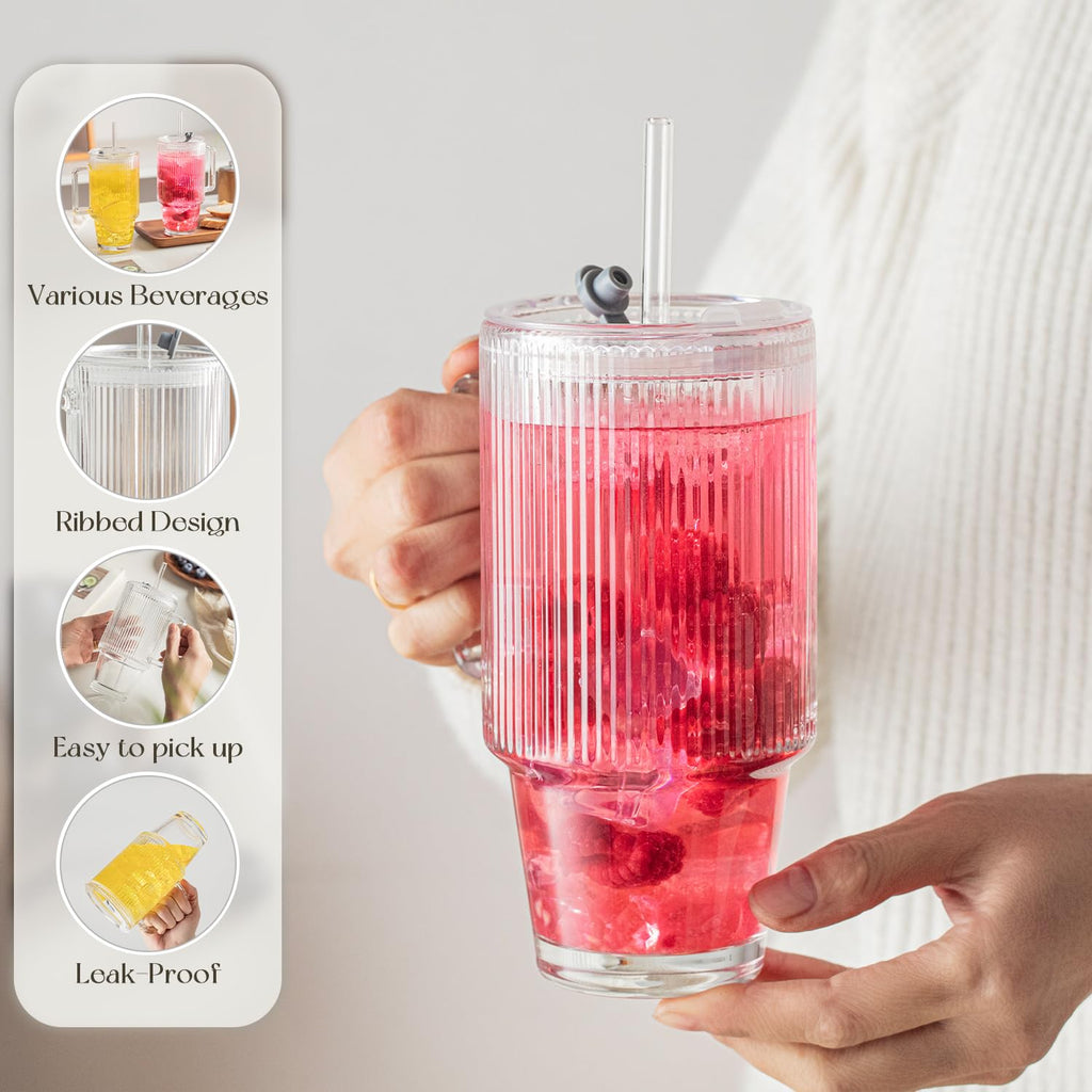 KEMORELA 24oz Ribbed Glass Cups with Lids and Straws,Glass Tumbler with Handle,2 set–Reusable Glass Ice Coffee Cups with Lid and Straw for Smoothies,Tea,Juice,Boba Cup for Cold & Hot Drinks,Travel Cup