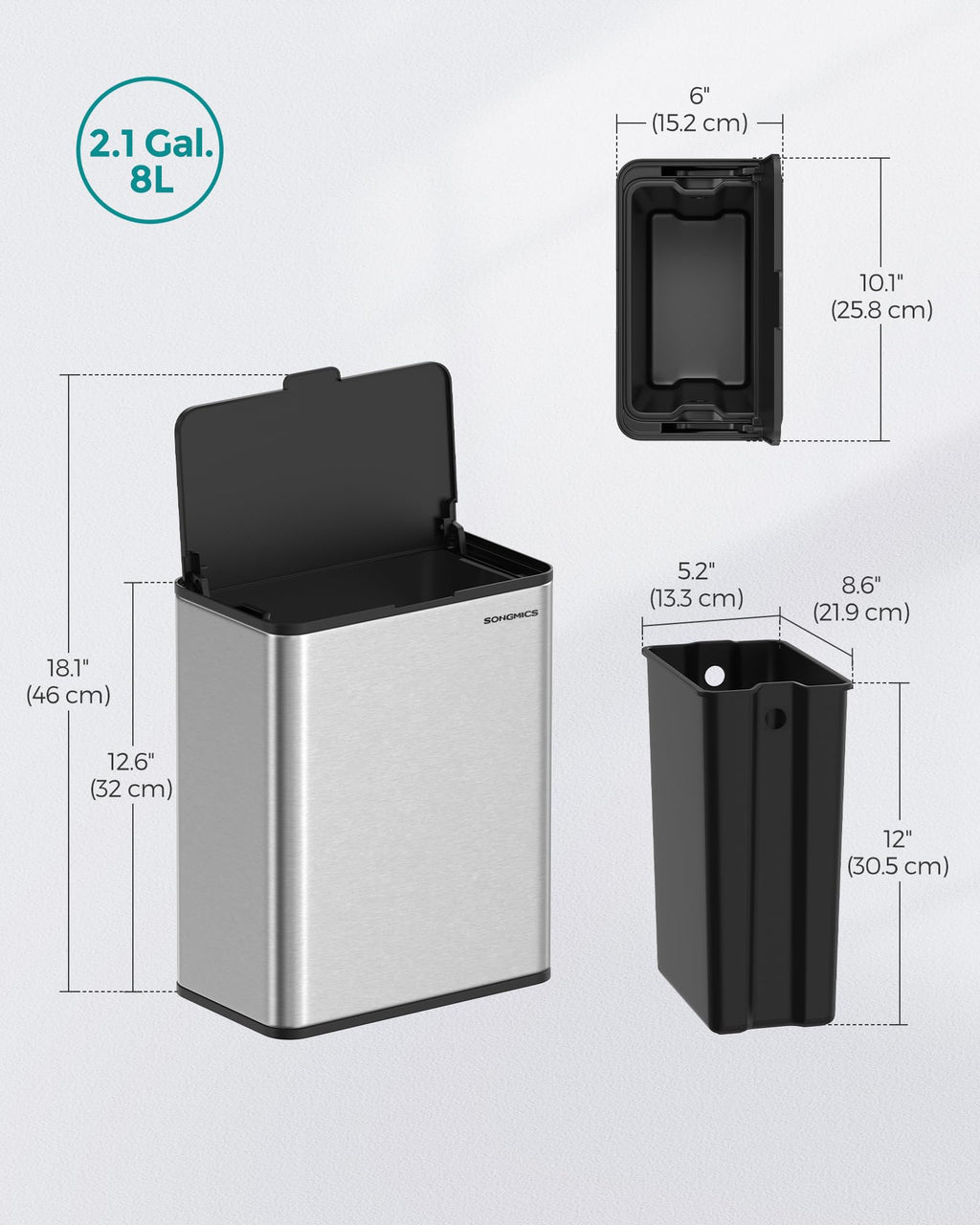 SONGMICS Hanging Trash Can, 2.1-Gallon (8 L) Kitchen Garbage Can with Lid, Cabinet Door Hanging or Wall-Mounted with Hooks, for Under Sink, Bathrooms, Metallic Silver ULTB810E08
