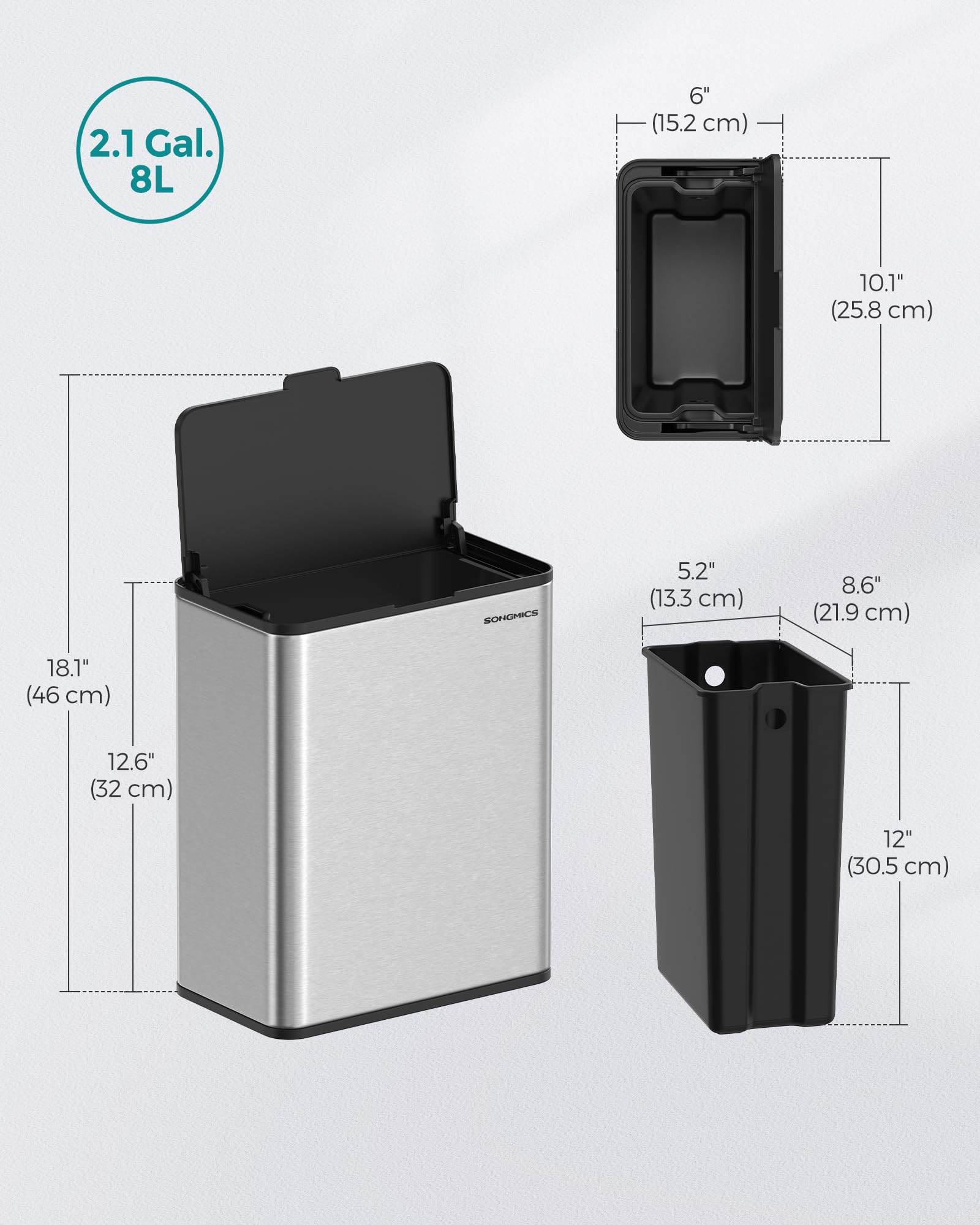 SONGMICS Hanging Trash Can, 2.1-Gallon (8 L) Kitchen Garbage Can with Lid, Cabinet Door Hanging or Wall-Mounted with Hooks, for Under Sink, Bathrooms, Metallic Silver ULTB810E08