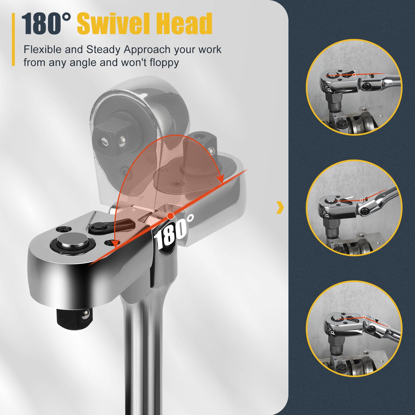 YIYEIE 3/8" Drive Flex Head Ratchet, 72 Tooth Swivel Head Ratchet, Quick-Release, CR-V Steel, Flexible Ratchet Wrench with EVA Foam | 10 Inch Long