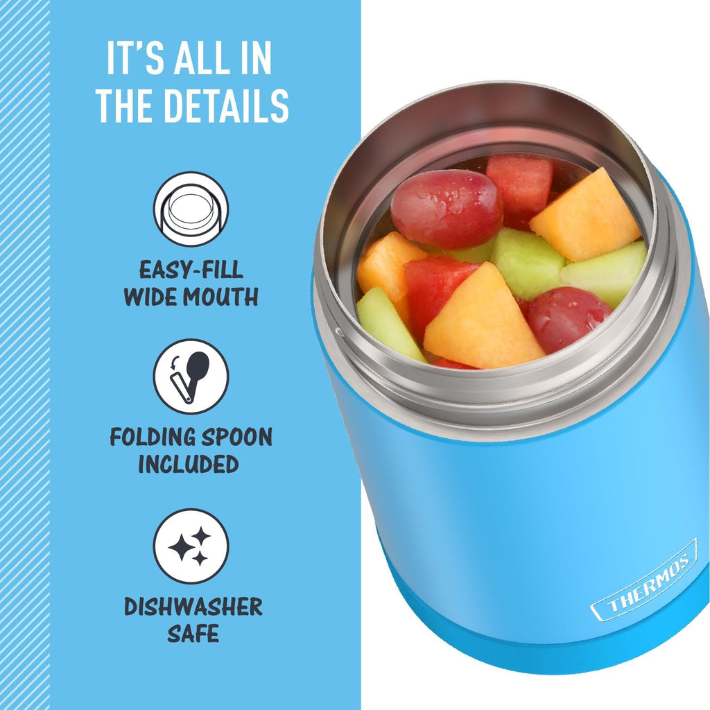 THERMOS FUNTAINER 16 Ounce Stainless Steel Vacuum Insulated Food Jar with Folding Spoon, Denim Blue