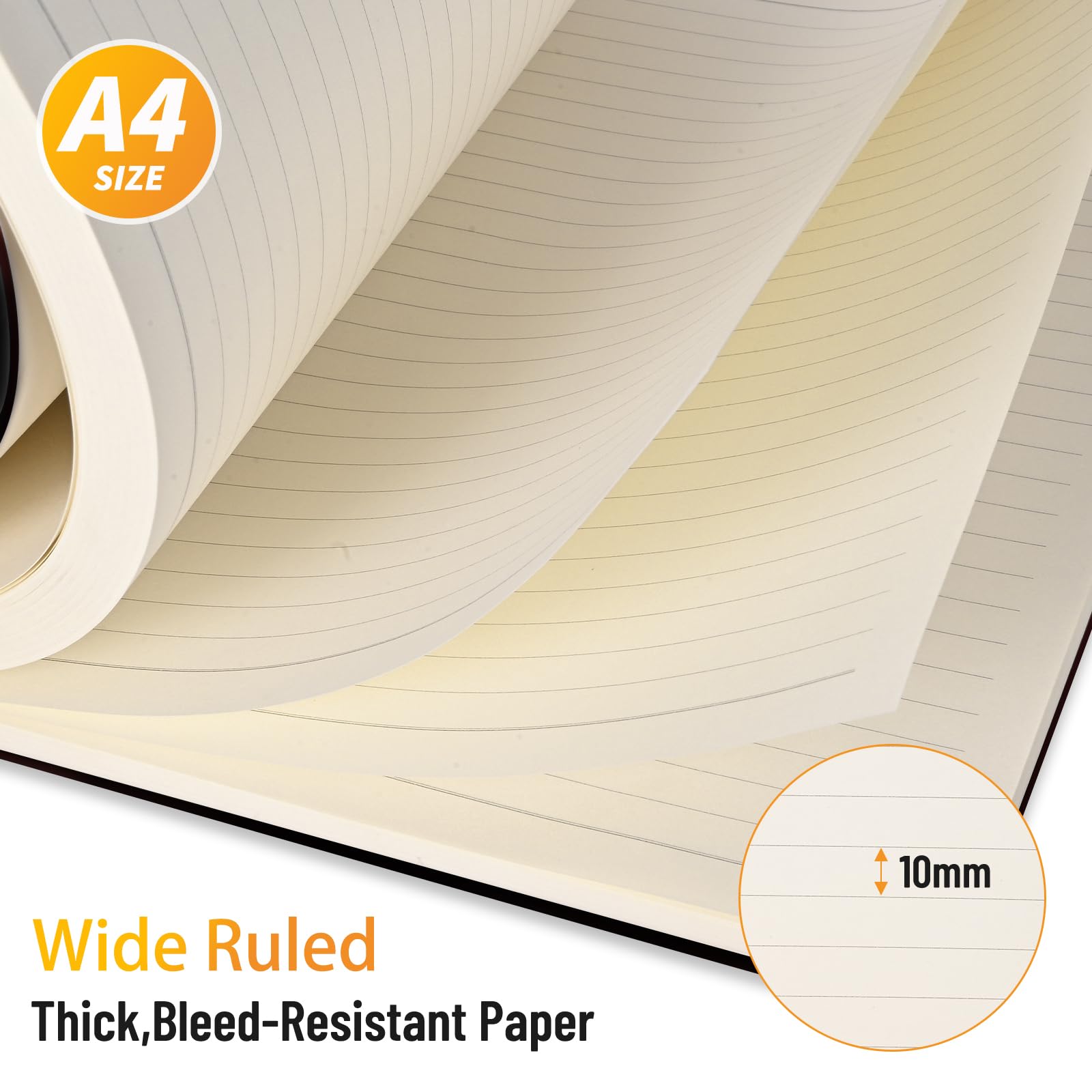 UIRIO A4 Wide Ruled Notebook, 8 x 11.5 in, Faux Leather Softcover, 200 Sheets / 400 Pages – Large Lined Writing Notebook for Work, Meetings & Notes (Black)