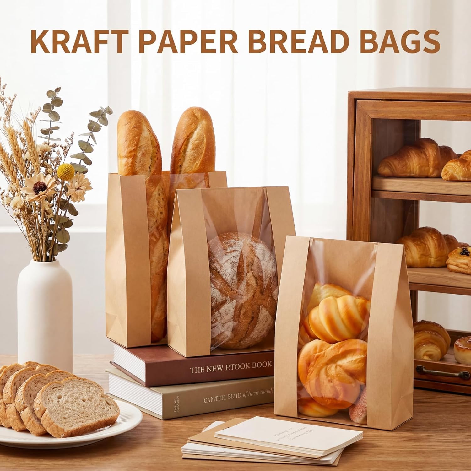 ZENFUN 100 Pack Paper Bread Bags, Sourdough Bread Bags with Clear Window & Stickers, Waterproof & Oil-resistant Paper Bakery Bag for Baked Food Packaging Storage, Treat Packaging, 8.3 x 4 x 12.6 Inch