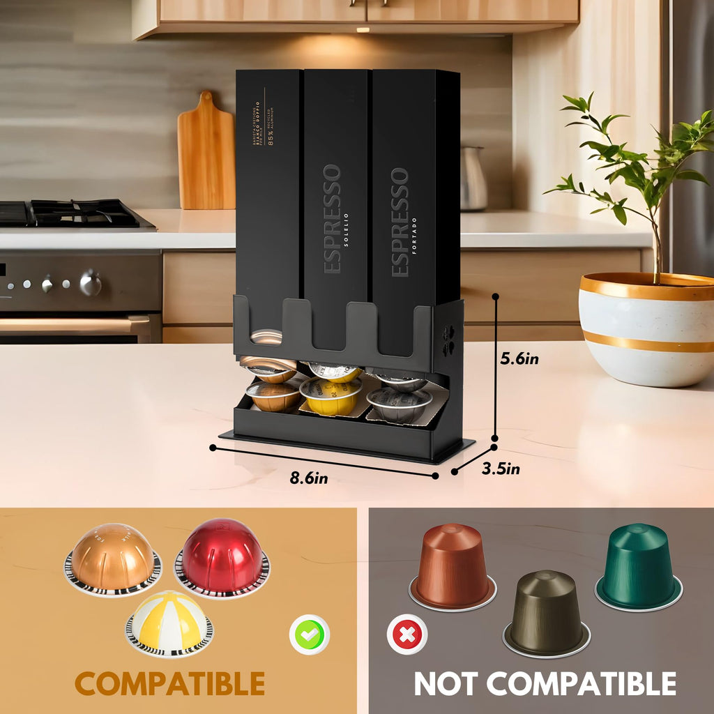 RECAPS Coffee Pod Storage Holder Dispenser (3 Box Sleeve Holder)Compatible with Nespresso Vertuoline Vertuo, Countertop Organizer Stand with Non-Slip Steel Base, Dispenses 3 Coffee Flavors (30 Vertuo Capsules)
