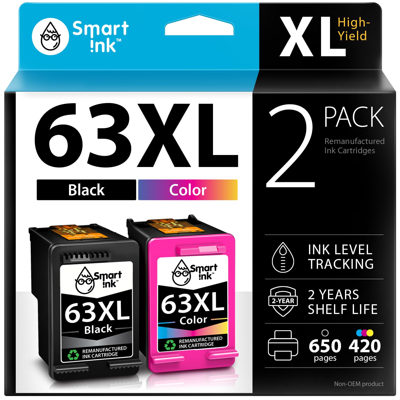 Smart Ink Remanufactured Ink Cartridges Replacement for HP 63 XL 63XL (Black & Color 2 Combo Pack) for Envy 4520 4522 4516 OfficeJet 3833 3830 4650 3836 5255 5200 DeskJet 3630 3632 3836 3634 Printer
