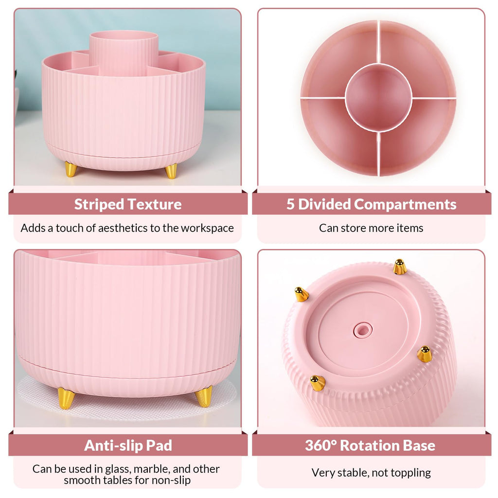 SKYDUE Pink 360 Rotating Plastic Desk Pen Organizer with 5 Slots, Dual-Purpose Art Supply Pencil Cup for Office, School, Home