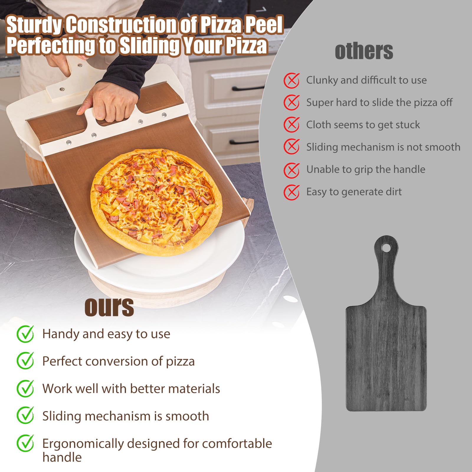 Leozzo Sliding Pizza Peel, Pizza Slider Paddle with Pizza Cutter Rocker, Non-Stick Pizza Peel Slider with Handle Detachable Transfers Pizza Pie, 12” Wood Sliding Pizza Peel with Replacement Cloth