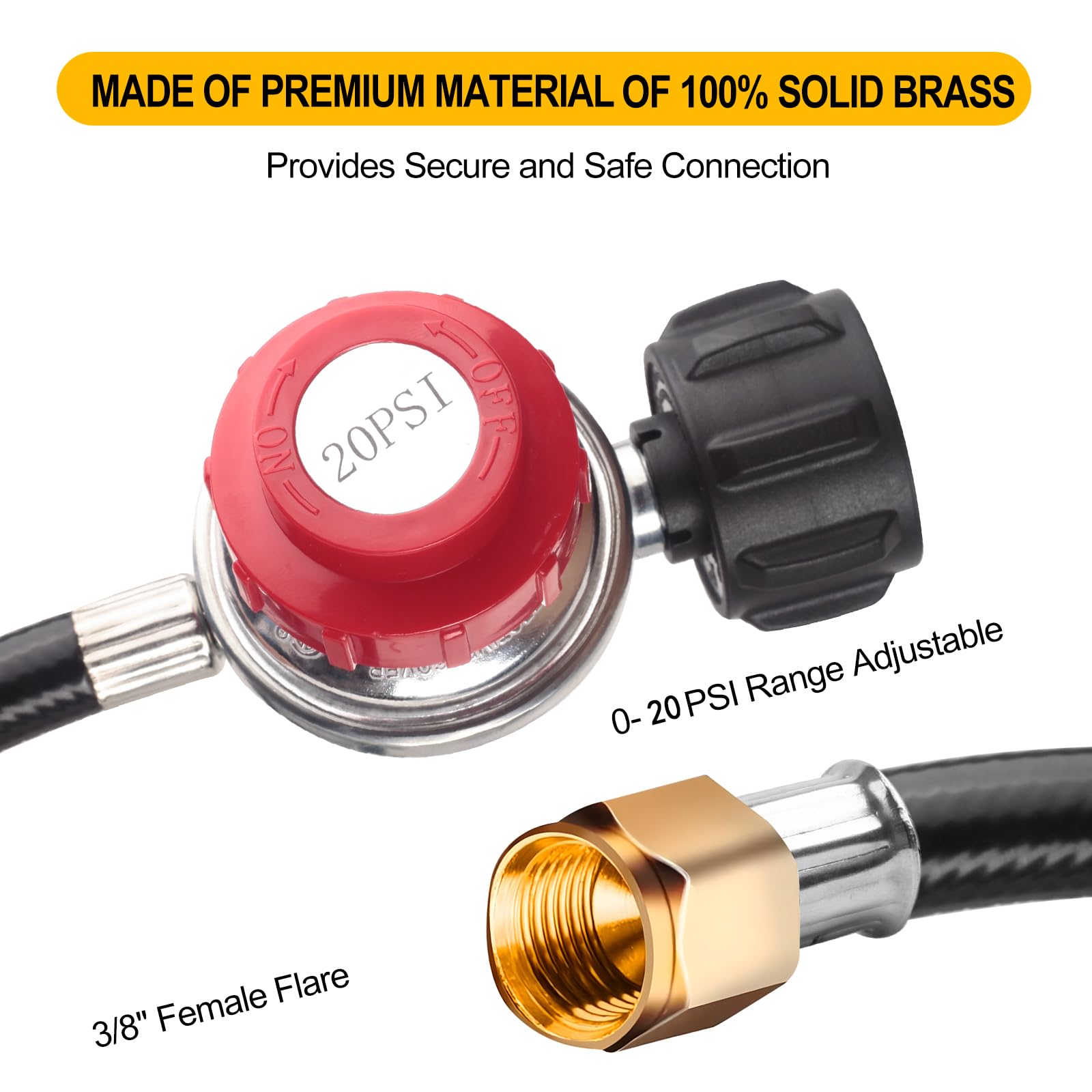 Onlyflame 12FT High Pressure 0-20 PSI Adjustable Propane Regulator and Hose - Grill Connector with Hose for Tabletop Grill, Fire Pit, Turkey Fryer and More