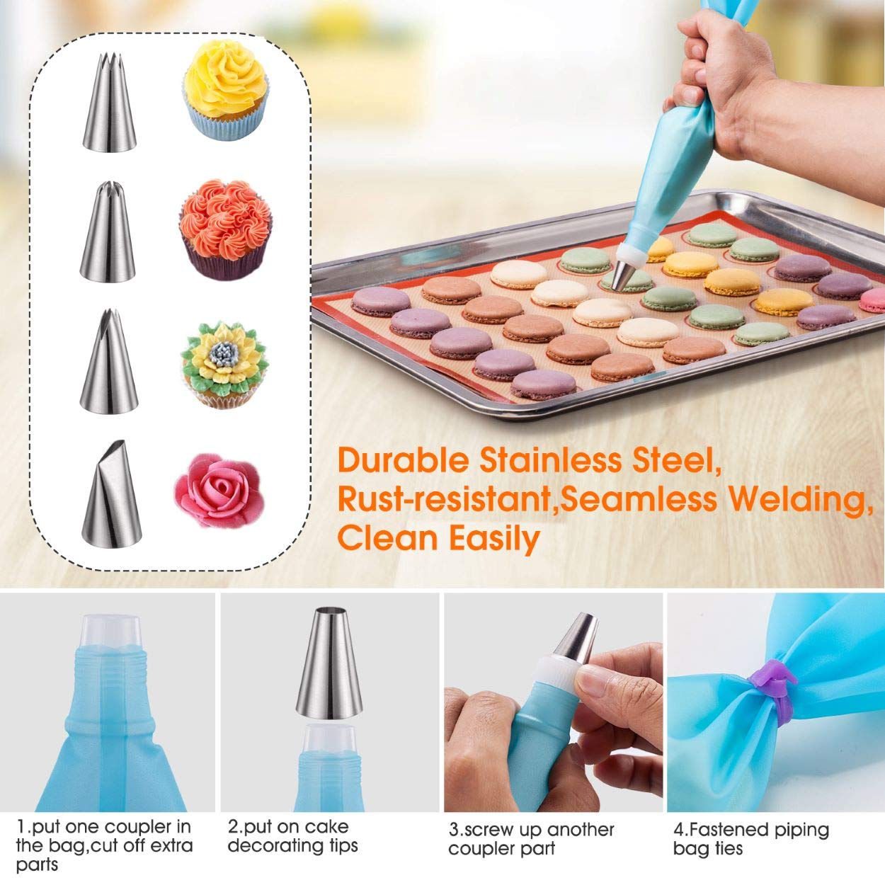 Silicone Macaron Baking Mat Kit - 16pcs Set, Macaroon Baking Mat Set of 2 Half Sheet Macaron Silicone Mat Nonstick Macaron Mat Sheet,6 Piping Tip,2 Piping Bag with 3 Bag Tie, 2 Coupler (11.6"x16.5")
