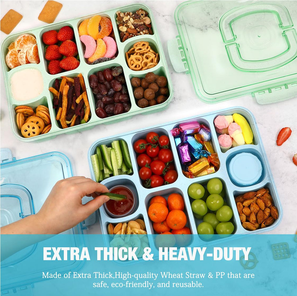 Caperci Large Snack Box Container - 10-Compartment Divided Serving Tray with Lid and Handle & 2 Dip Containers, Dishwasher Safe, Leak-Proof, Wheat Straw, BPA-Free (Green)