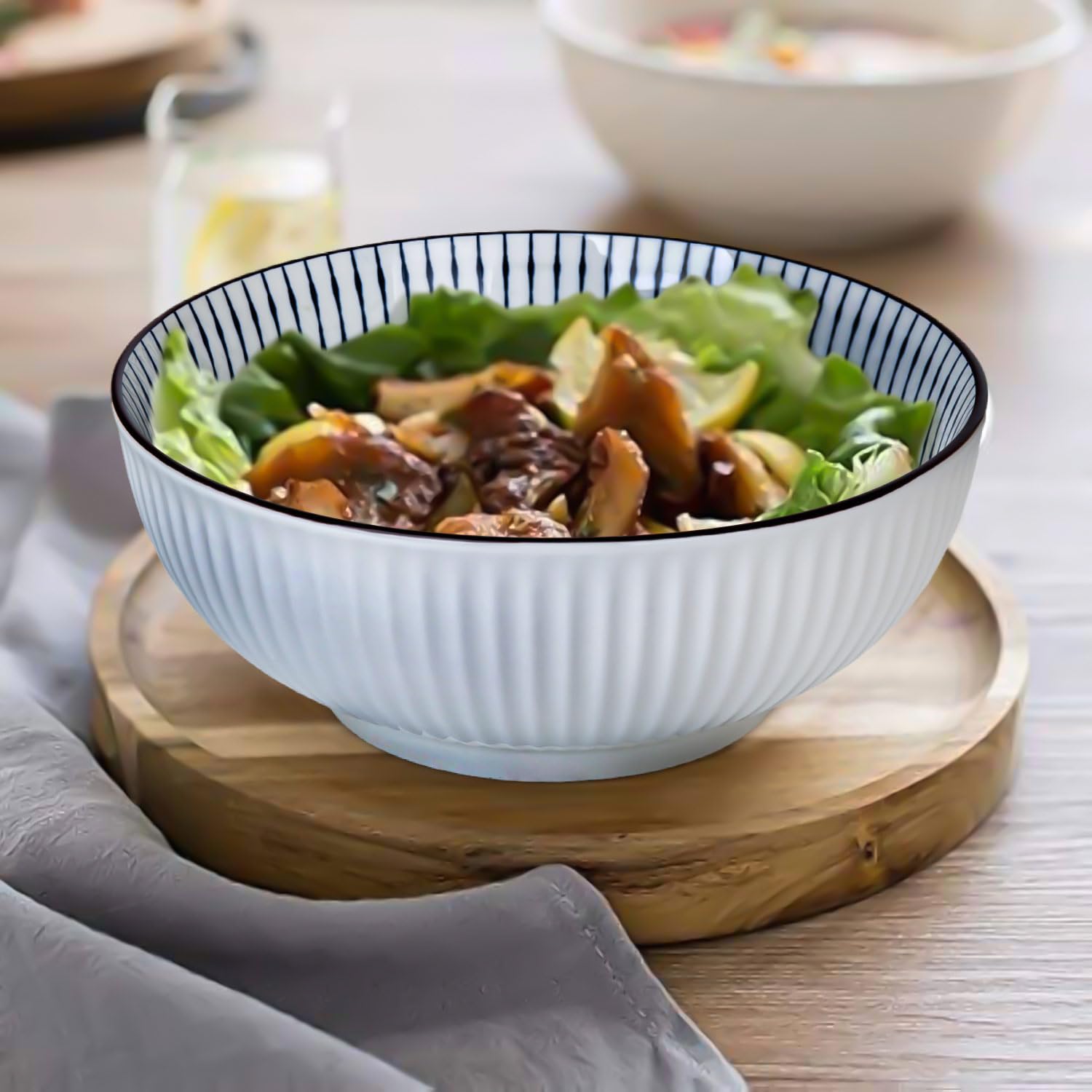 Dyware 60 oz Large Soup Bowl, Pho Bowls, 8 Inch Blue and White Porcelain Japanese Ramen Bowls Set of 3 - Striped Pattern