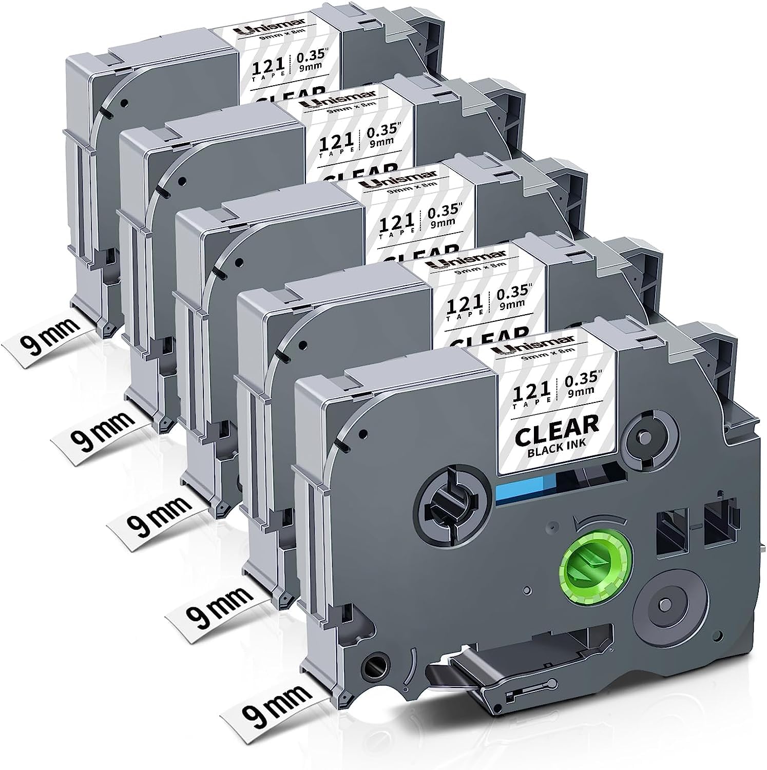 Unismar Compatible for Brother TZe-121 TZe121 TZ121 9mm Label Tape for PT-D200 PT-D210 PT-D600 PT-D400 PT-H100 PT-H110 PT-1280 Label Maker, 3/8 inch x 26.2 feet, Black on Clear, 5-Pack