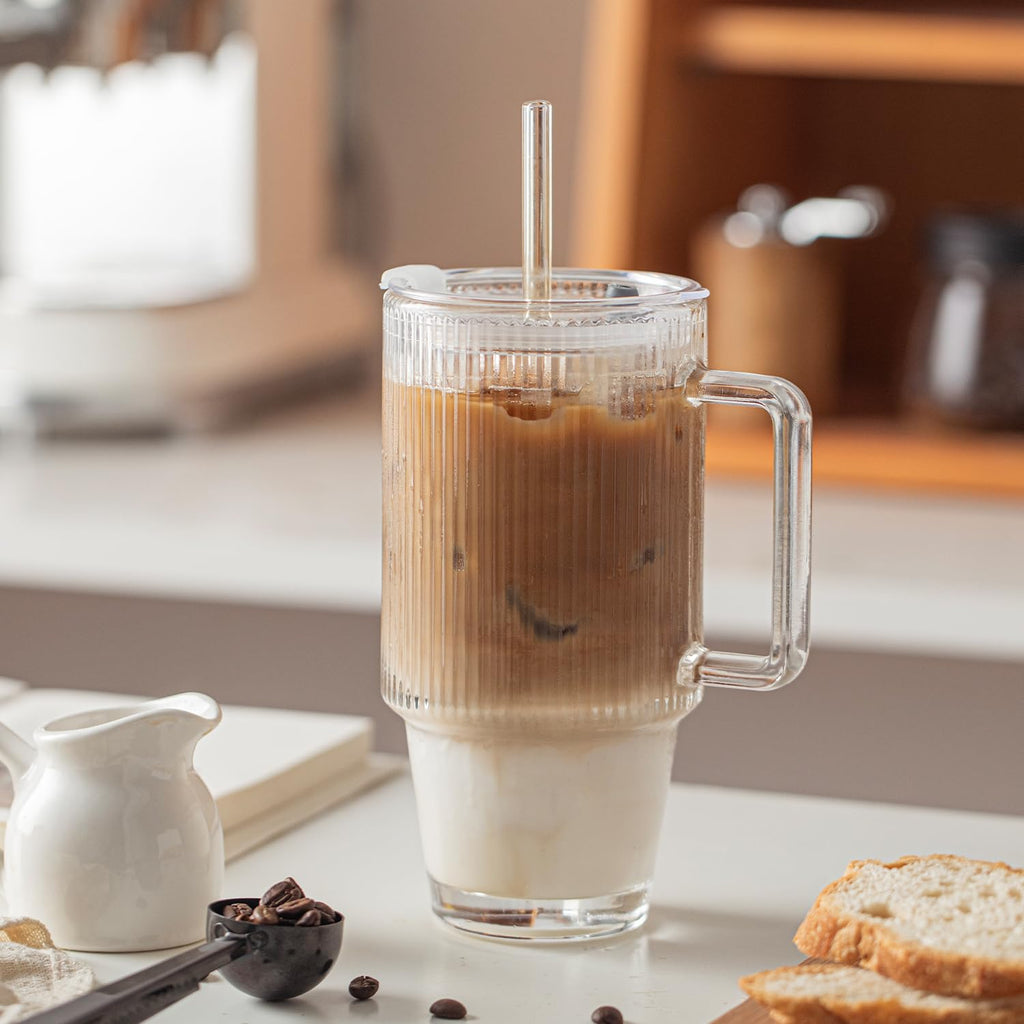 KEMORELA 24oz Ribbed Glass Cups with Lids and Straws,Glass Tumbler with Handle,2 set–Reusable Glass Ice Coffee Cups with Lid and Straw for Smoothies,Tea,Juice,Boba Cup for Cold & Hot Drinks,Travel Cup