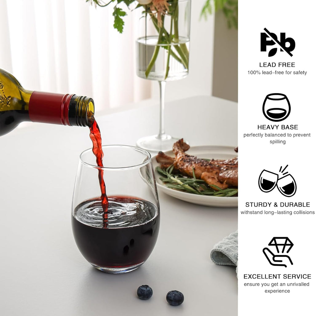 OUWO Stemless Wine Glasses Set of 6, 18oz Red White Wine Glasses,Lead-Free Wine Glasses for Home, Party, Wedding, Ideal Wine Accessories Gift,Clear