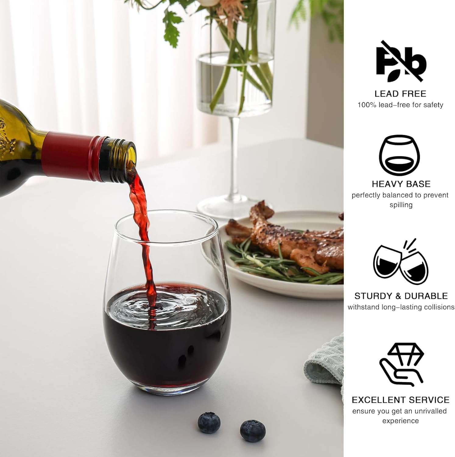 OUWO Stemless Wine Glasses Set of 4, 18oz Red White Wine Glasses,Lead-Free Wine Glasses for Home, Party, Wedding, Ideal Wine Accessories Gift,Clear