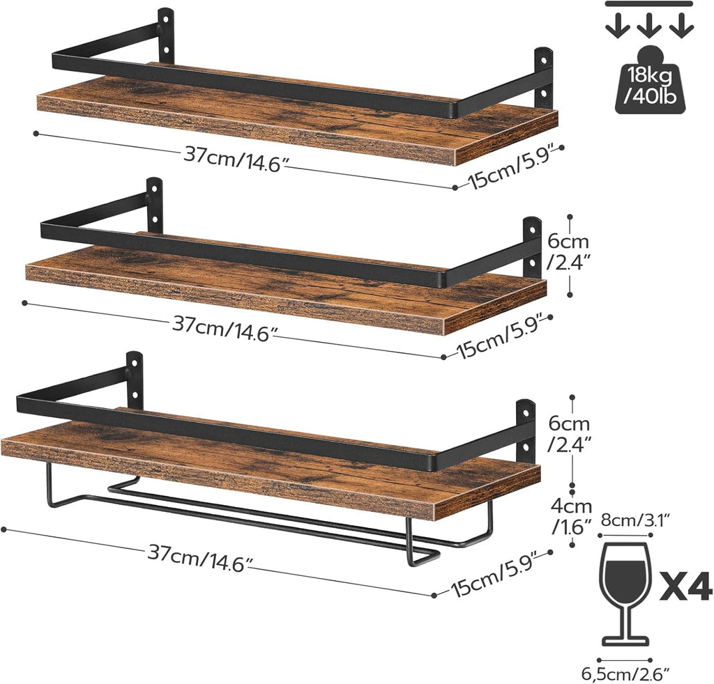 HOOBRO Wine Rack Wall Mounted 3 Pack, Wine Shelf Hanging Floating Wall Shelves, Wine Glass Bottle Rack Stemware Holder, for Living Room, Dining Room, Kitchen, Rustic Brown and Black BF34BJ01