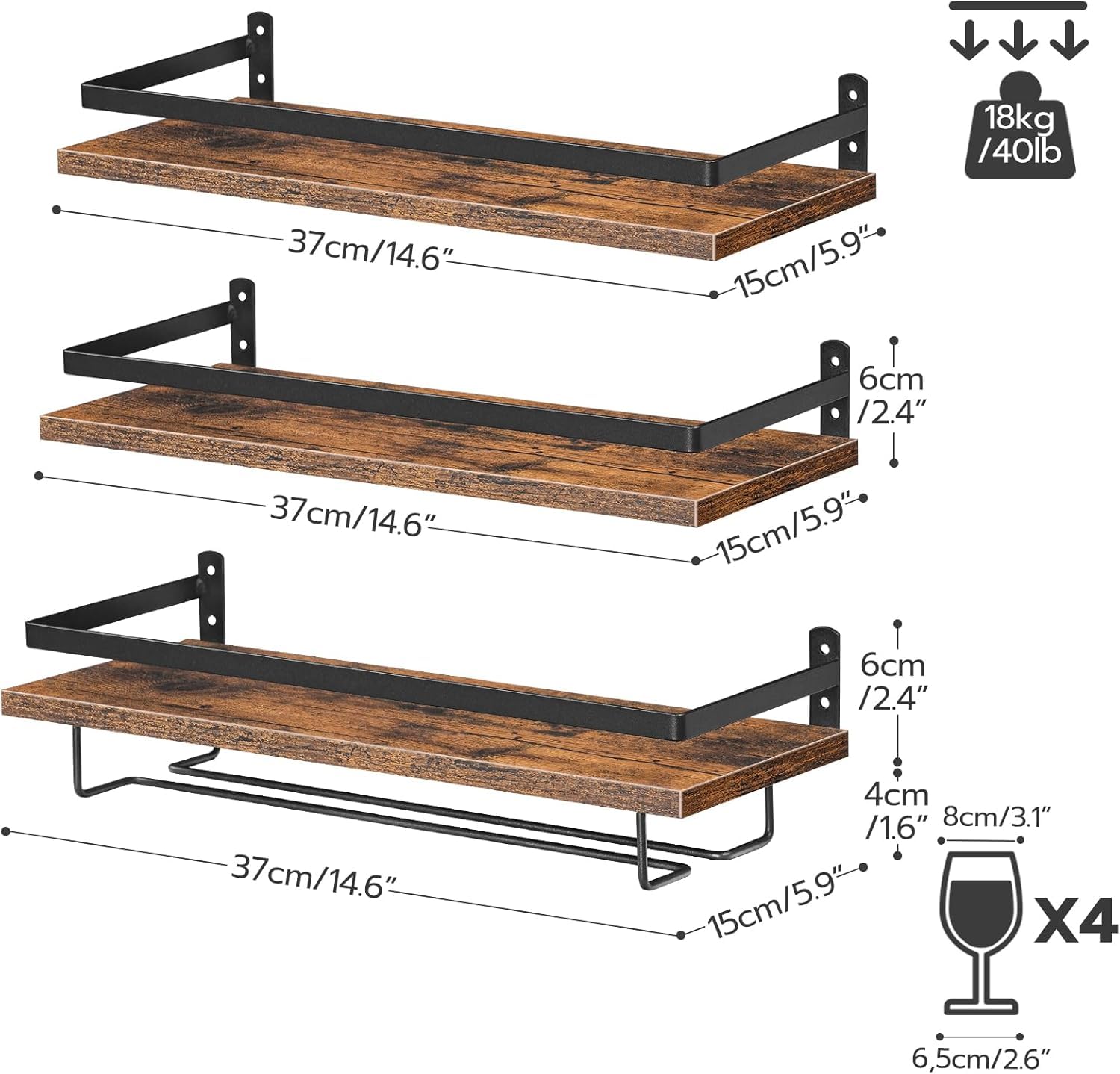 HOOBRO Wine Rack Wall Mounted 3 Pack, Wine Shelf Hanging Floating Wall Shelves, Wine Glass Bottle Rack Stemware Holder, for Living Room, Dining Room, Kitchen, Rustic Brown and Black BF34BJ01