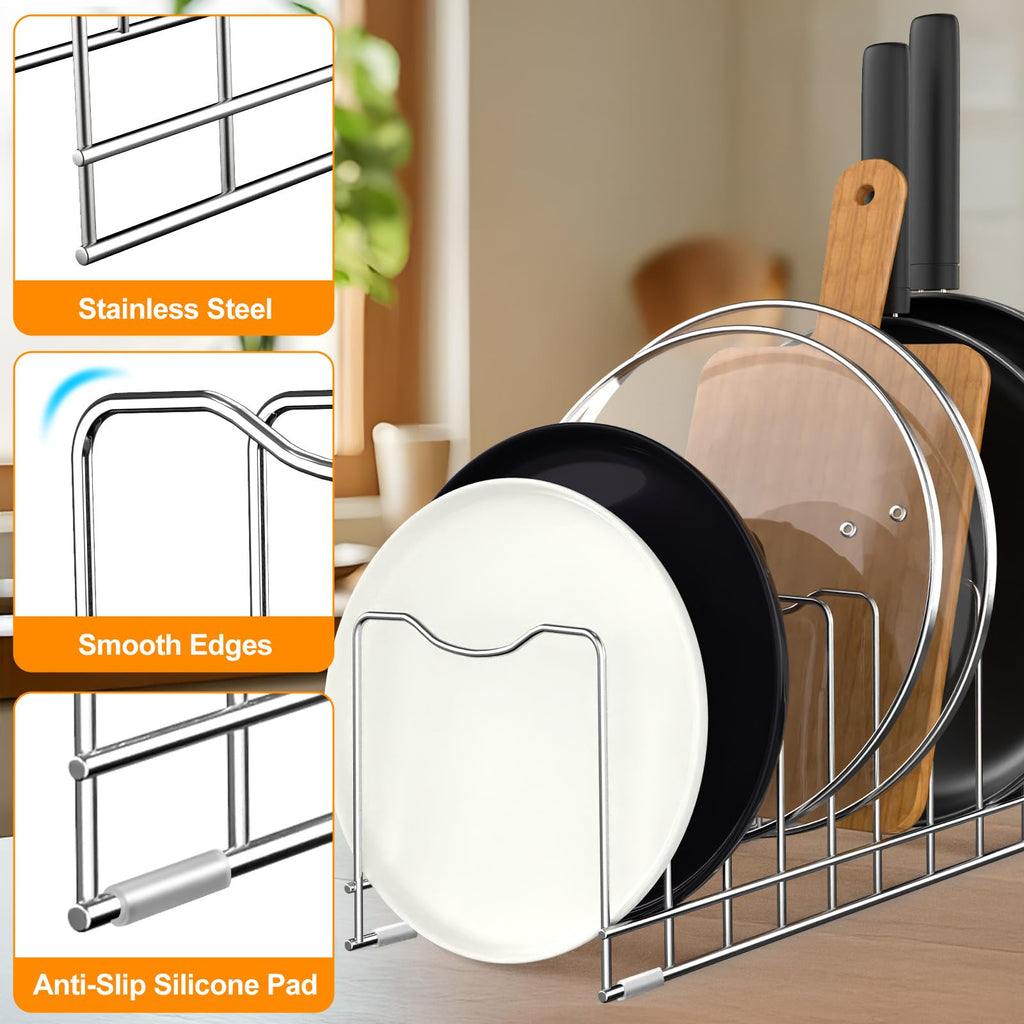 Pot Lid Organizer Pan Lid Organizer Kitchen Pot Lid Rack Suitable for Bakeware Dish Plate, Cutting Boards, Pots & Pans, Serving Trays, Reusable Holder FLSEPAMB(2 Pack+Eight Silicone Foot Covers)