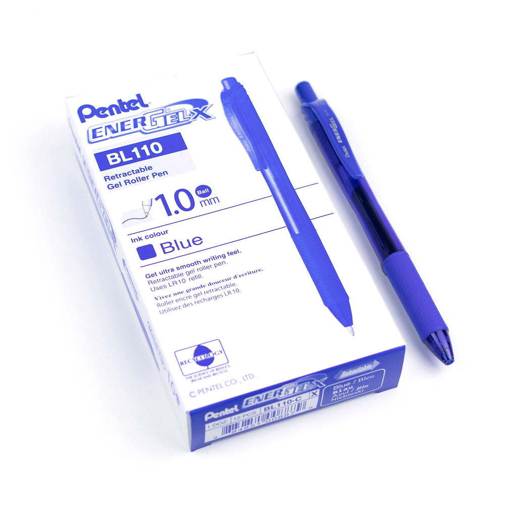 Pentel EnerGel X Retractable Liquid Gel Rollerball Pen, Everyday Writing, Office Supplies, School Supplies, 1.0mm Bold Point, Blue Ink, BL110-C, Box of 12
