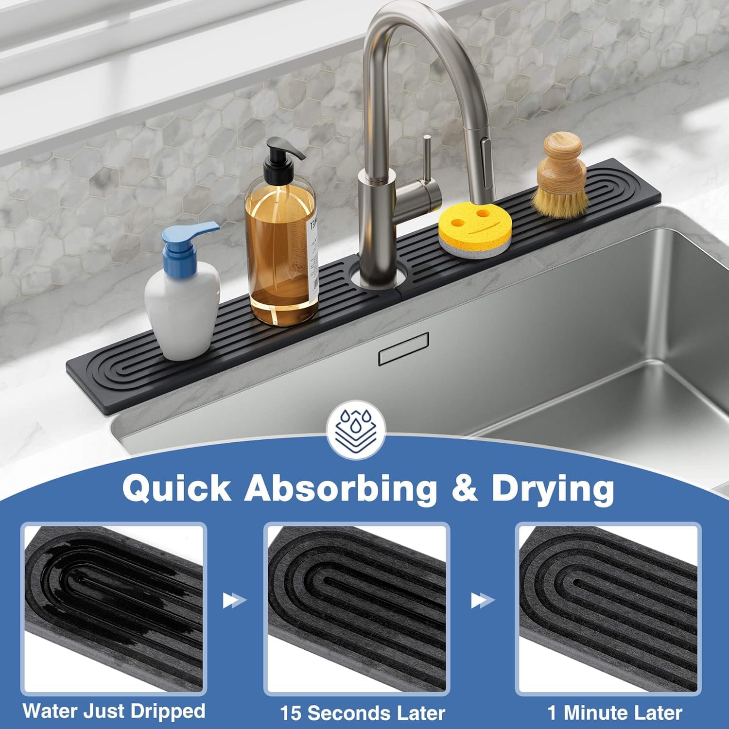 Oillase Faucet Mat for Kitchen Sink - Water Absorbing Stone Tray for Sink, Diatomite Fast-Drying Faucet Mat, Faucet Splash Guard for Bathroom Counter (Dark Gray, 30" x 4")