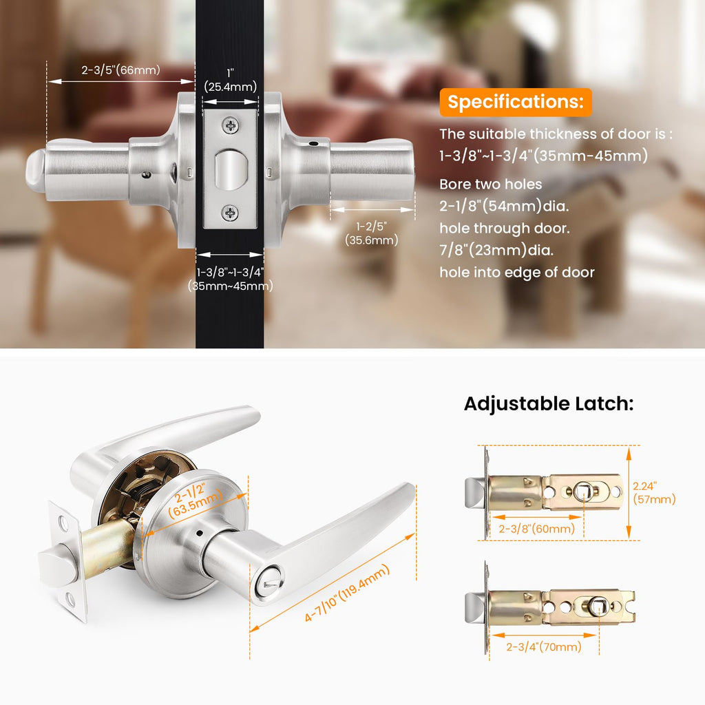 Probrico Door Handles Interior, Satin Nickel Door Lock for Bedroom, Levers Indoor Bed/Bath Handle With Lock, Privacy and Security, Left or Right Handed Doors