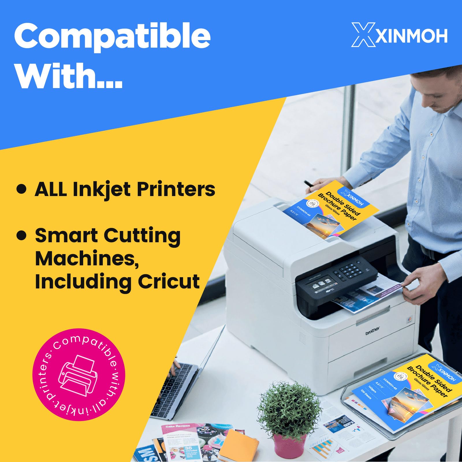 XXINMOH 100 Sheets Inkjet Glossy Brochure and Flyer Paper 8.5x11 Inch 37lbs 140gsm, Photo Printing Paper, Glossy Cardstock, Professional Quality Double Sided Instant Dry and Water-Resistant