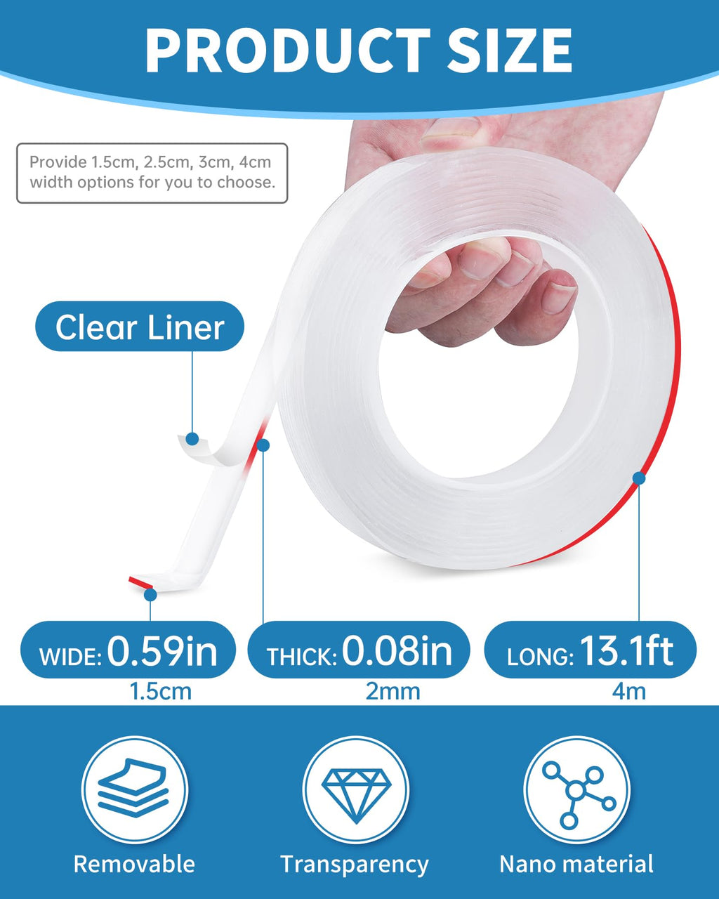 Teskyer Double Sided Tape Heavy Duty, Strong Adhesive Multipurpose Mounting Tape, Removable and Reusable Transparent Tape (0.59in W x 16.4ft L-2pcs)