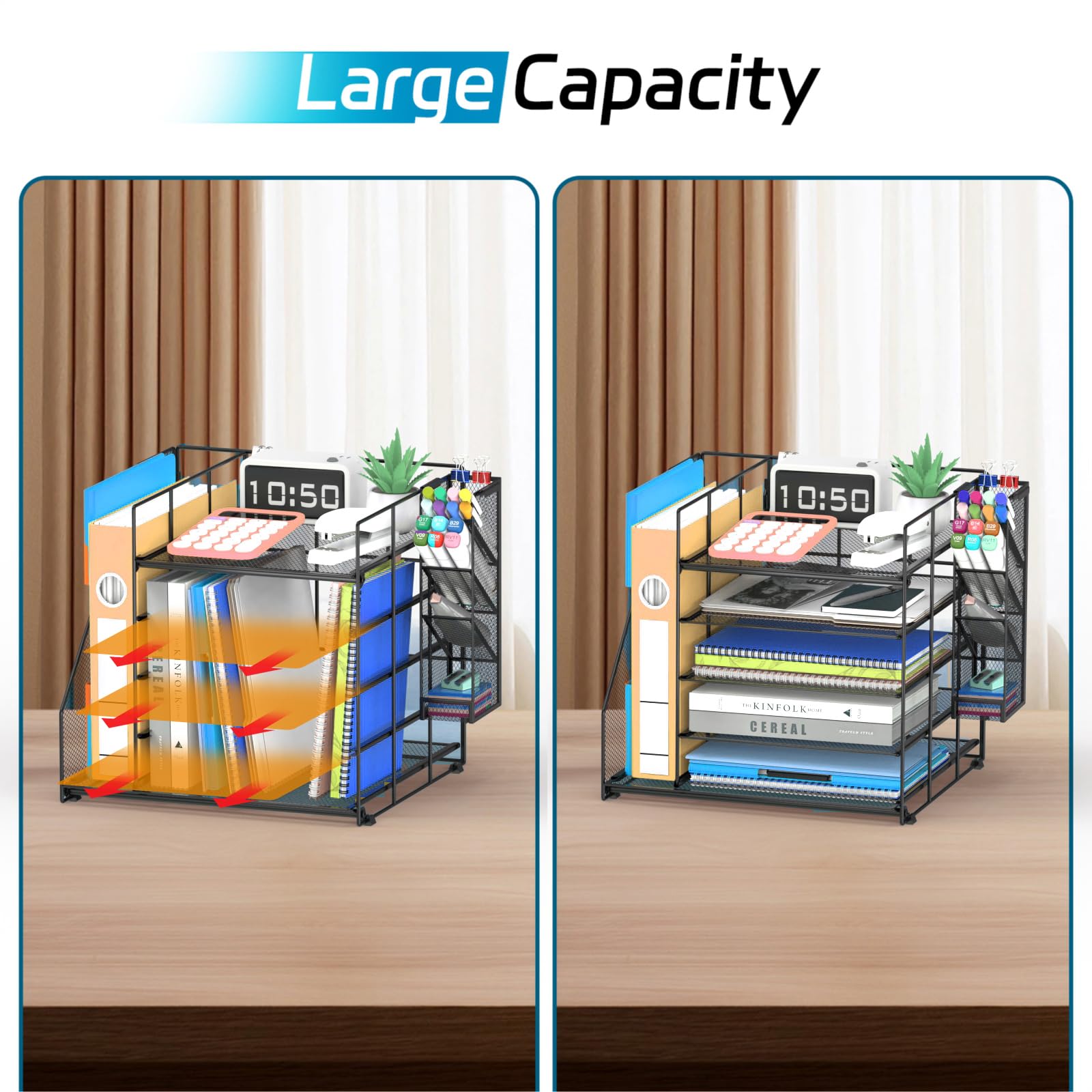 SUPEASY Desk Organizer with File Holder, 5-Tier Paper Letter Tray Organizer with Pen Holder, Desktop Organization and Storage for Office Supplies Black