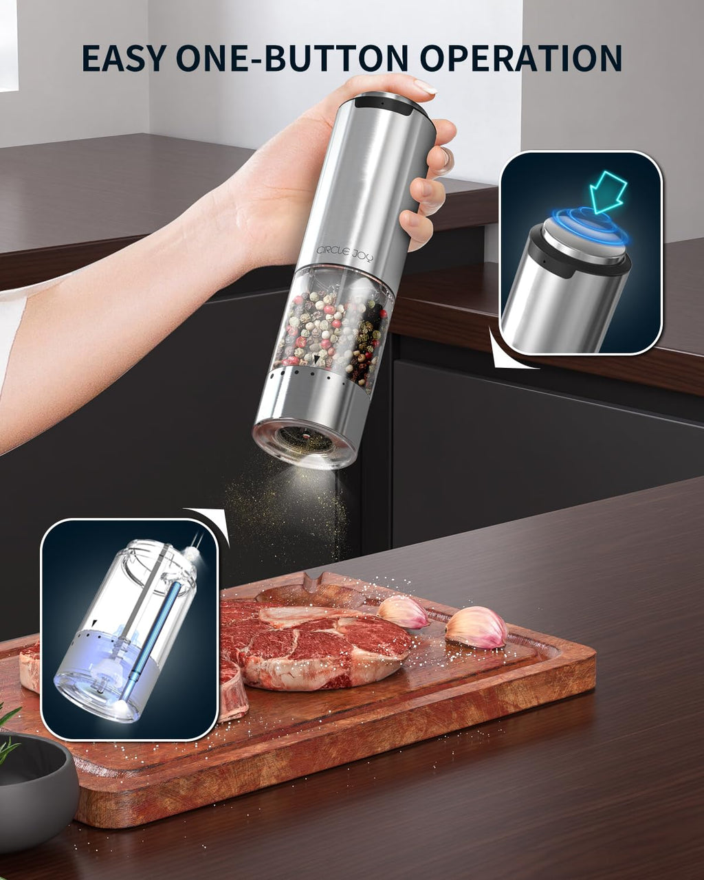 CIRCLE JOY Electric Pepper Grinder Stainless Steel Rechargeable Pepper Mill Grinder with External Adjustable Coarseness, White LED Light, USB Cable