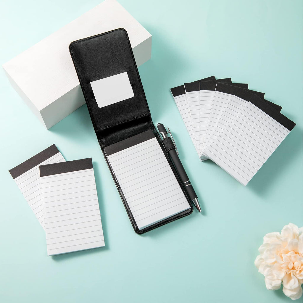 8pcs Mini Brown Black Pocket Notepad Holder Set, Small Notebook Holder with Lined Sheets, Metal Pen and 3 x 5 Inch Memo Book Refills, Lined Paper Per Note Pad