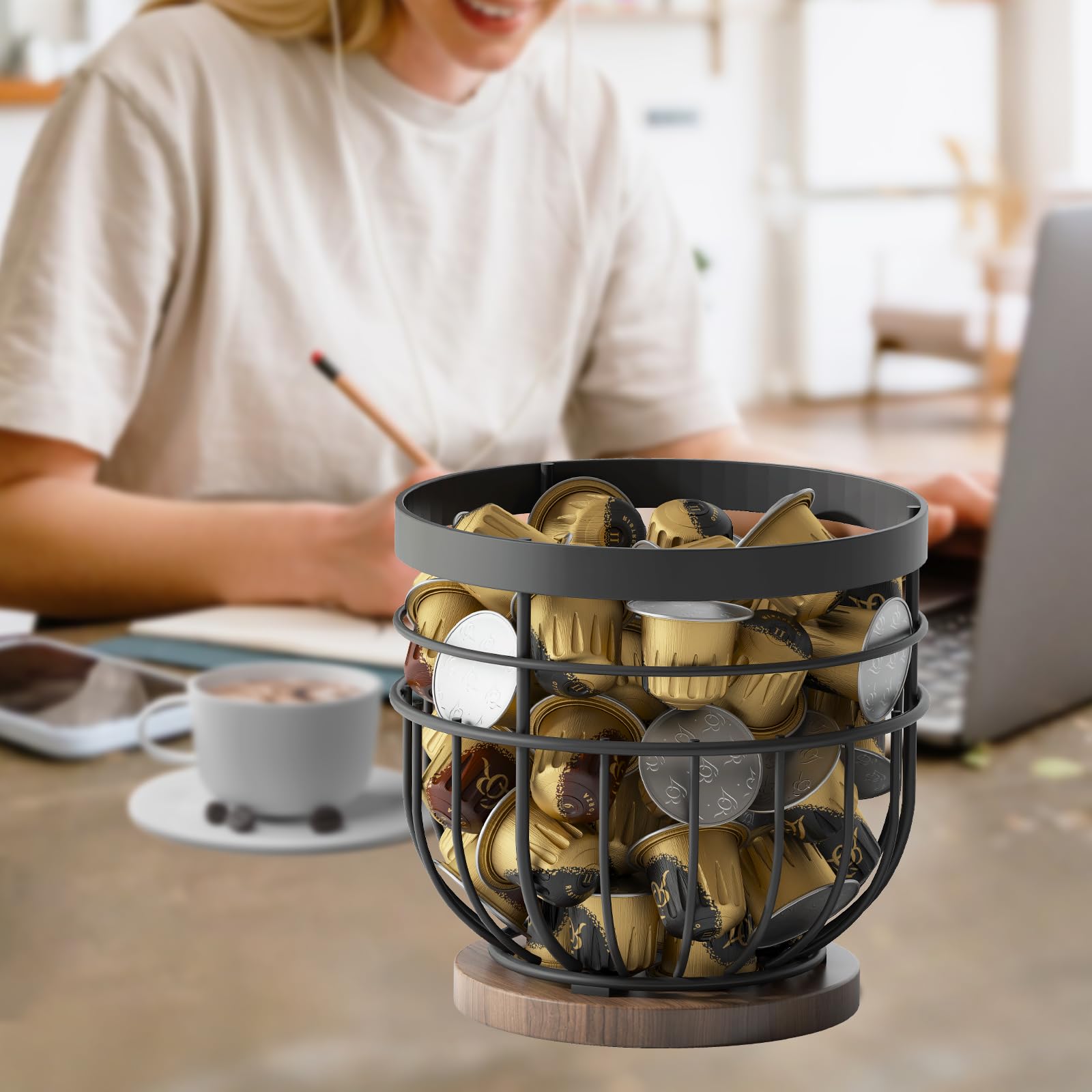 SODSAI Coffee Pod Holder with Wooden Base, Metal Wire Basket K-Cup Organizer, Black Iron, Holds Up to 40 Pods