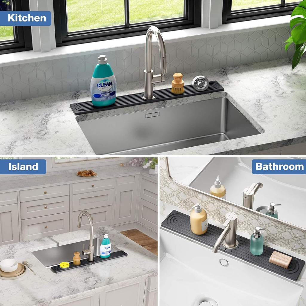 Oillase Faucet Mat for Kitchen Sink - Water Absorbing Stone Tray for Sink, Diatomite Fast-Drying Faucet Mat, Faucet Splash Guard for Bathroom Counter (Dark Gray, 30" x 4")