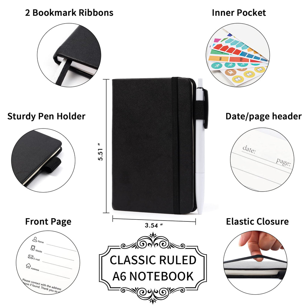 feela 6 Pack Pocket Mini Notebooks Bulk, Small Cute Memo Notepads Hardcover College Ruled Lined Journals with Pen Holder for School Business Work, with 6 Black Pens, 3.5”x 5.5”, A6, Black