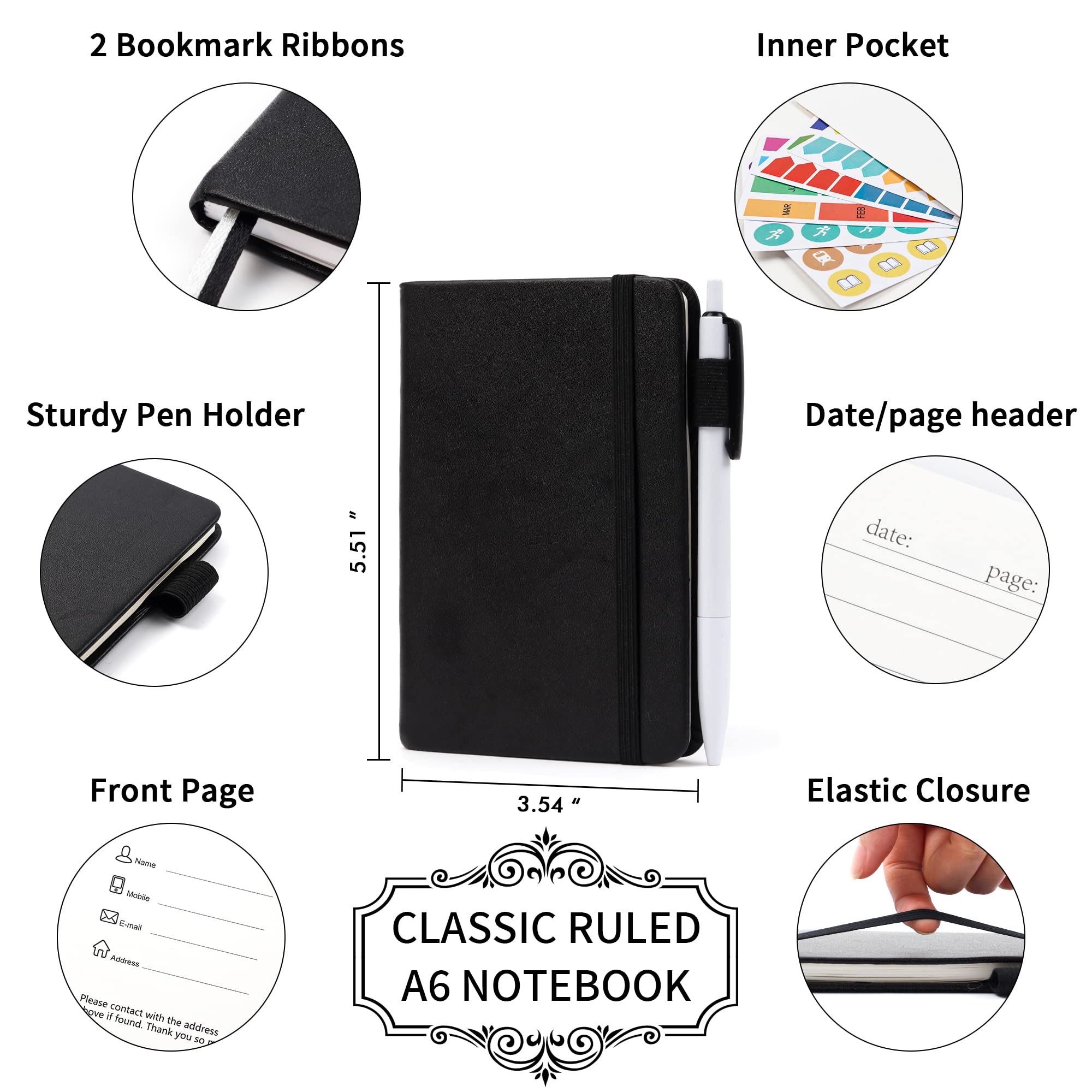 feela 6 Pack Pocket Mini Notebooks Bulk, Small Cute Memo Notepads Hardcover College Ruled Lined Journals with Pen Holder for School Business Work, with 6 Black Pens, 3.5”x 5.5”, A6, Black