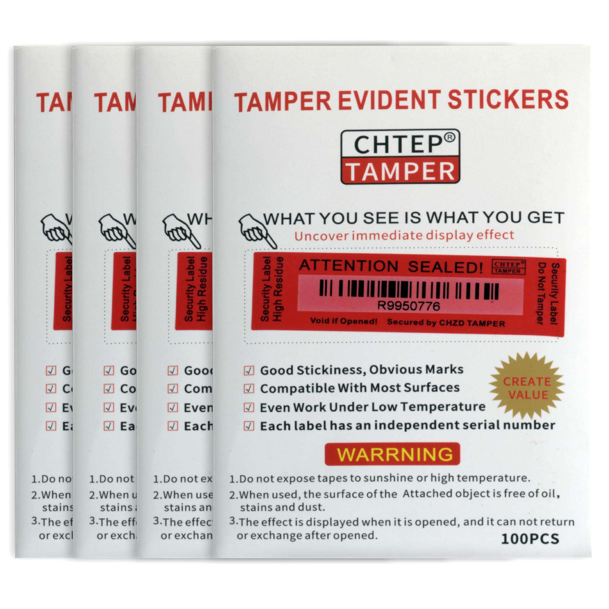 ChtepTamper 100 Pieces Total Transfer Tamper-Evident Stickers Security Labels Great for Goods Shipping,Exchange of Agency Files, Privacy Protection or More(Serial Number 1 * 3.54inches Red)