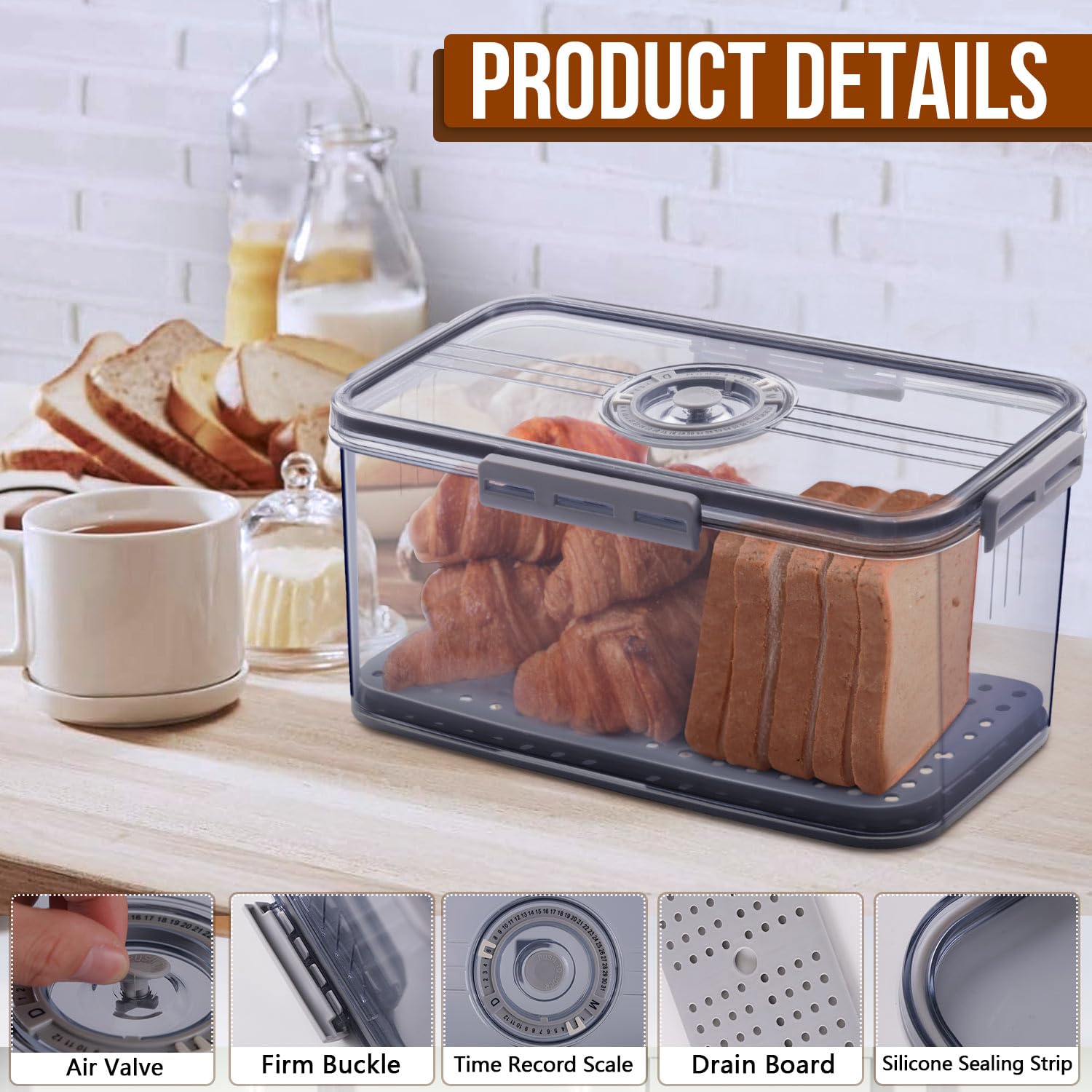 Bread Box Bread Boxes for Kitchen Counter Airtight, Time Recording Bread Storage Container with Lid, Bread Keeper for Homemade Bread, Toast, Bagel, Donut and Cookies