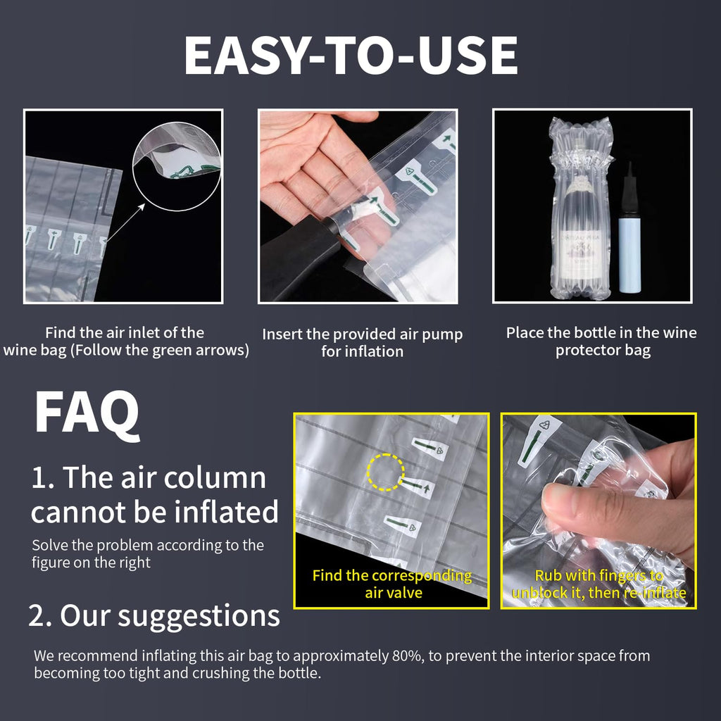 Kivsty Wine Bottle Travel Protector Bags, 30 Pack Inflatable Air Column Cushion Bubble Wrap, Bottle Packaging Sleeves with Reusable Pump for Wine Shipping Transport Airplane Luggage - 35 x 8.5cm