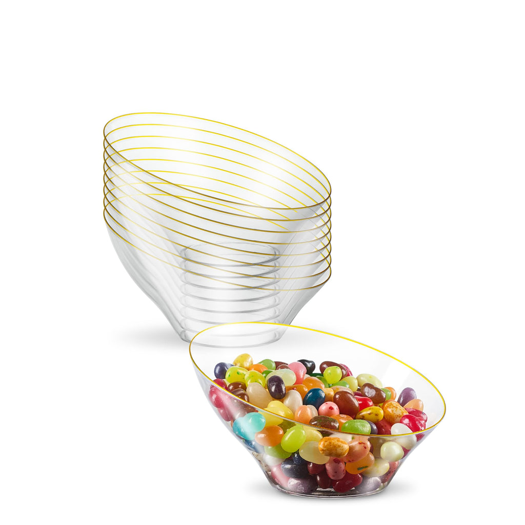PLASTICPRO Angled Plastic Bowls Disposable Small Plastic Clear Serving Bowls with Gold Rim for Party for Appetizer Salads Pack of 8