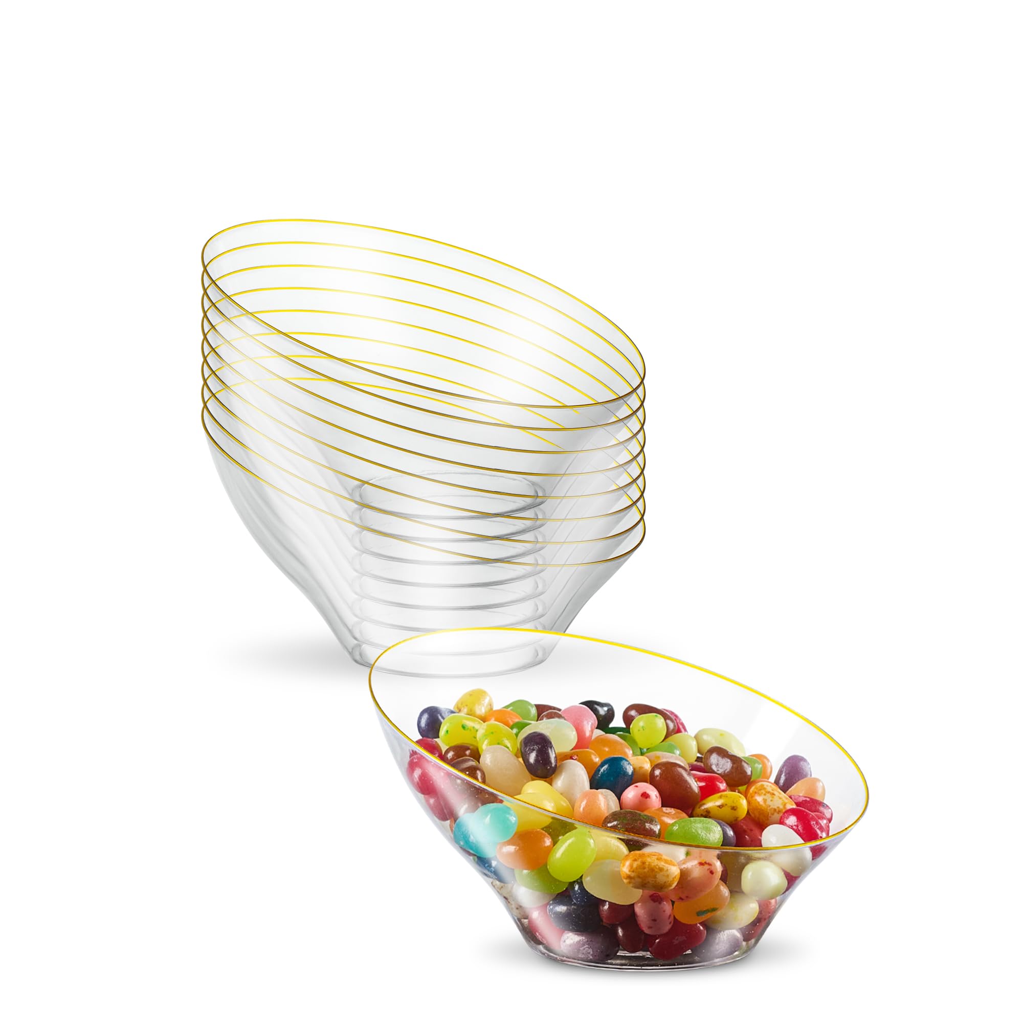 PLASTICPRO Angled Plastic Bowls Disposable Small Plastic Clear Serving Bowls with Gold Rim for Party for Appetizer Salads Pack of 8