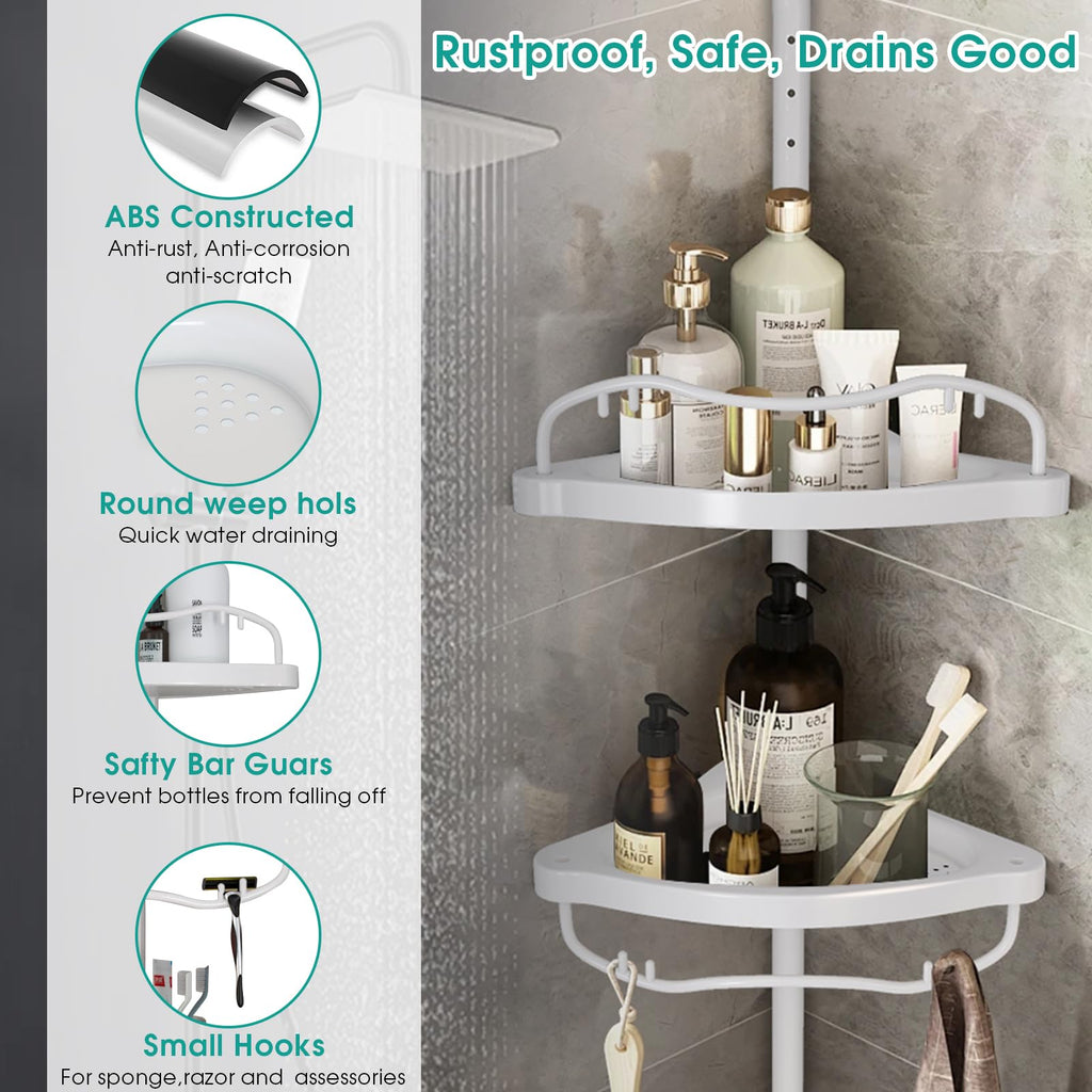 Shower Caddy Corner, 56 to 125 Inch Adjustable Tension Pole Corner Shower Caddy with ABS Baskets,Rustproof Stainless Pole, Drill Free Shower Rack, Large Shower Storage Shelf Rack for Inside Shower